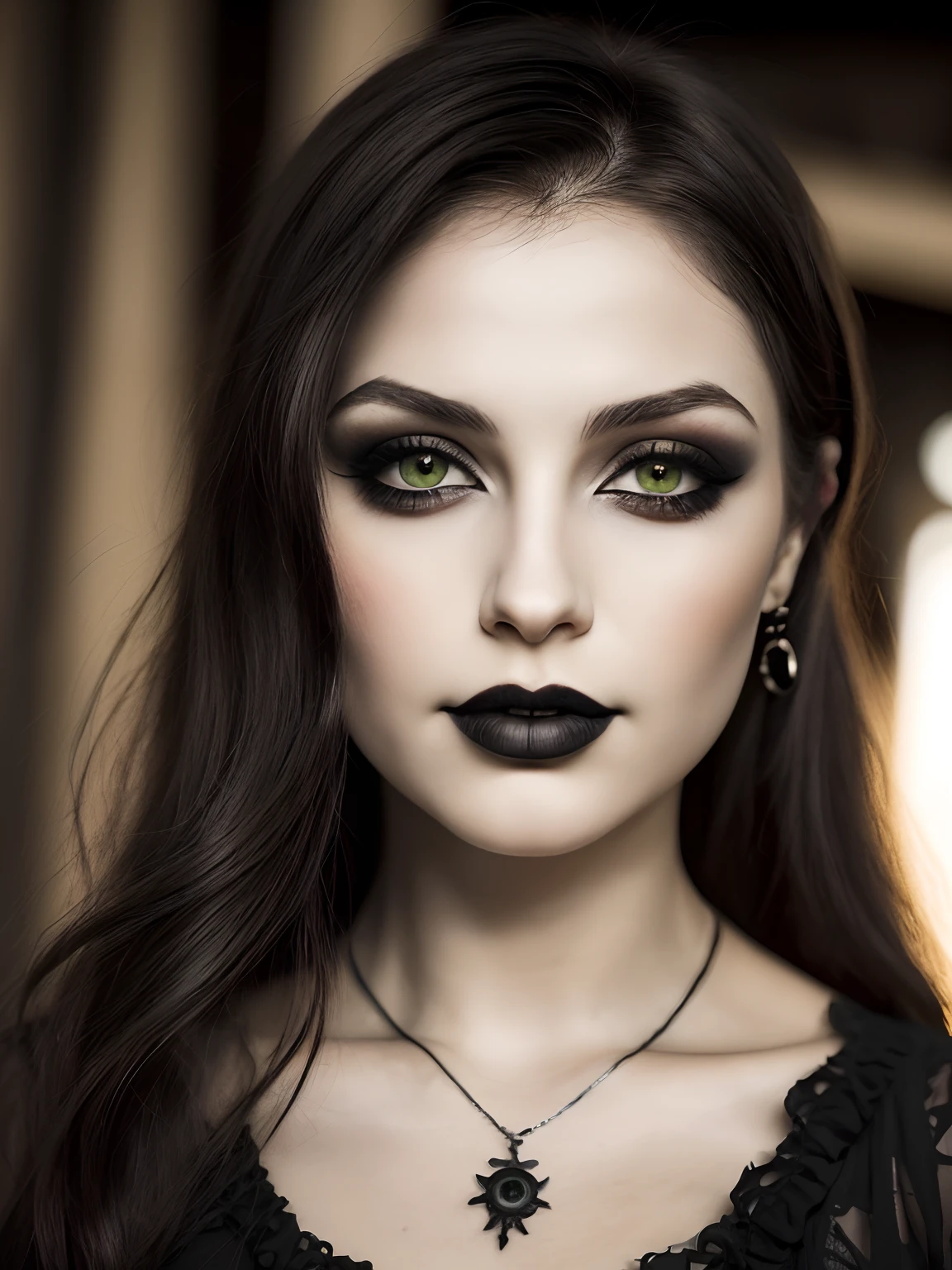 (close-up, fotografia, 20 yo gothic woman) (olhos verdes, Artistic makeup:1.2) (rosto altamente detalhado:1.4) (sorriso:0.7) (cabelos tingidos de preto) (fundo dentro escuro: 1.3), por Steve McCurry, canon m50, fotografia editorial, lente f1.8, gargantilha preta, hiper realista, textura realista, lighting dramatic, foto premiada, 8K.