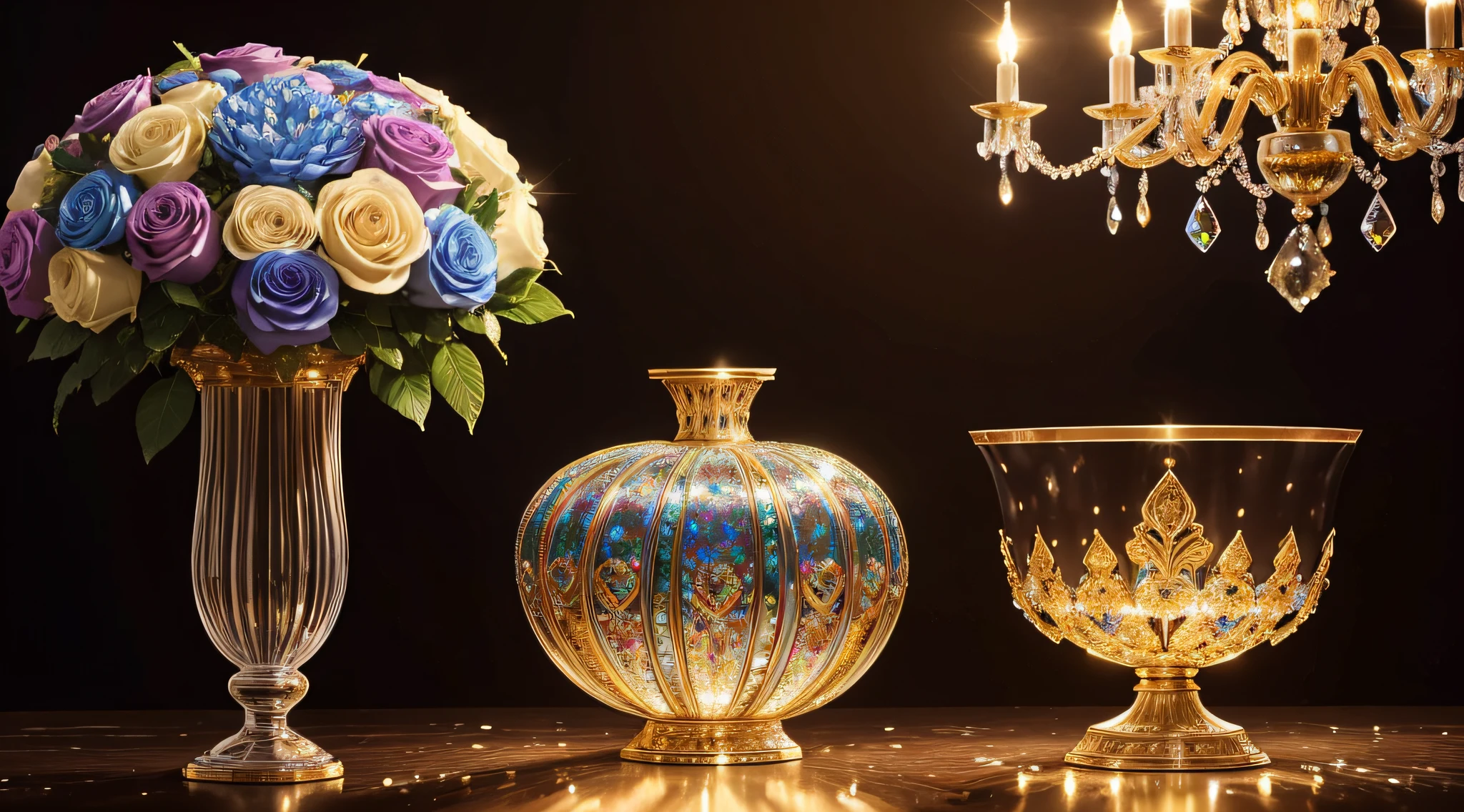 crystal vases, jewel vases, huge bouquets, glittering, many wet flowers, peacock colors, opalescent, glory, breath taking beautiful, graceful, elegant, stunning, photo, shiny, iridescent, (masterpiece), (best quality) (detailed) (8k) (HDR) (cinematic lighting) (sharp focus) (intricate), HDR, hyper-realistic, color graded, realistic picture, ultra high quality, stunning, valuable treasure inside, sparkling, shimmering, splashing rainbows, dripping, glistening, candles illuminating, clear --auto