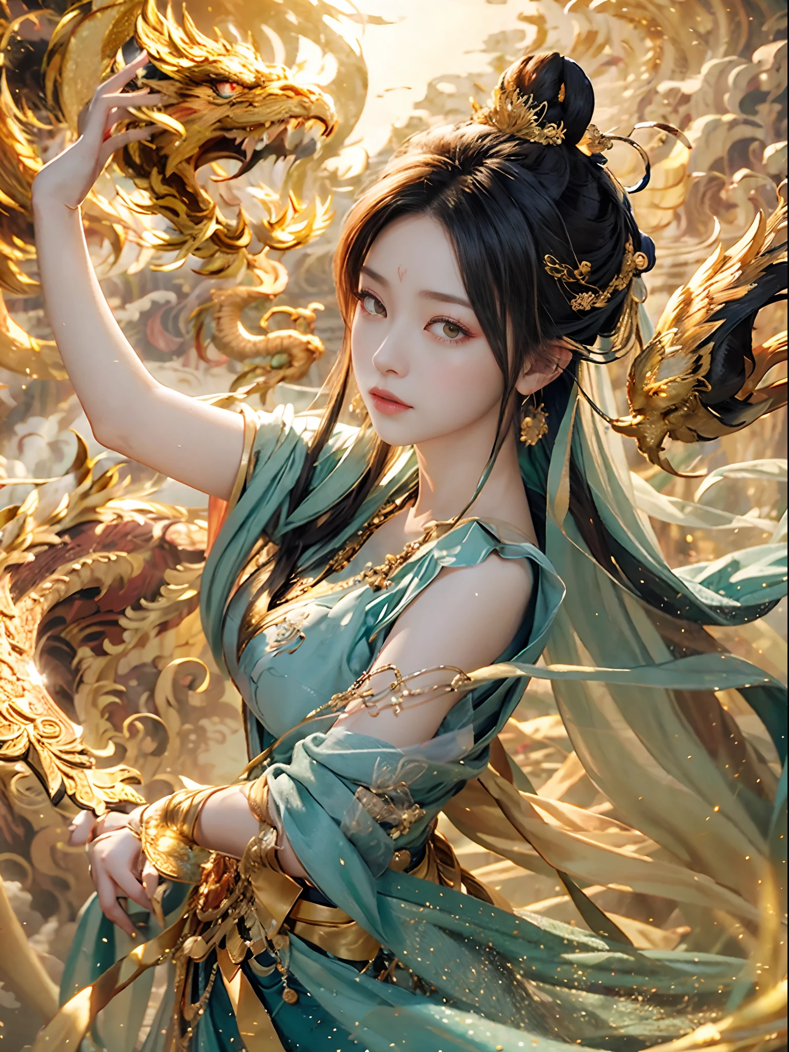 k hd，tmasterpiece, 1个Giant Breast Girl, Clean face， 详细的脸，long whitr hair, frontage，dynamic angle，（The background is a Chinese palace in the sky：1.5），（Surrounded by auspicious clouds：1.5），high detal，best qualtiy，realisticlying，（Complicated details：1.2），（exquisite detailing），（cinematric light， Best quality backlight），,cinmatic lighting，lens_flare，，dunhuang_Style Dragon and Phoenix