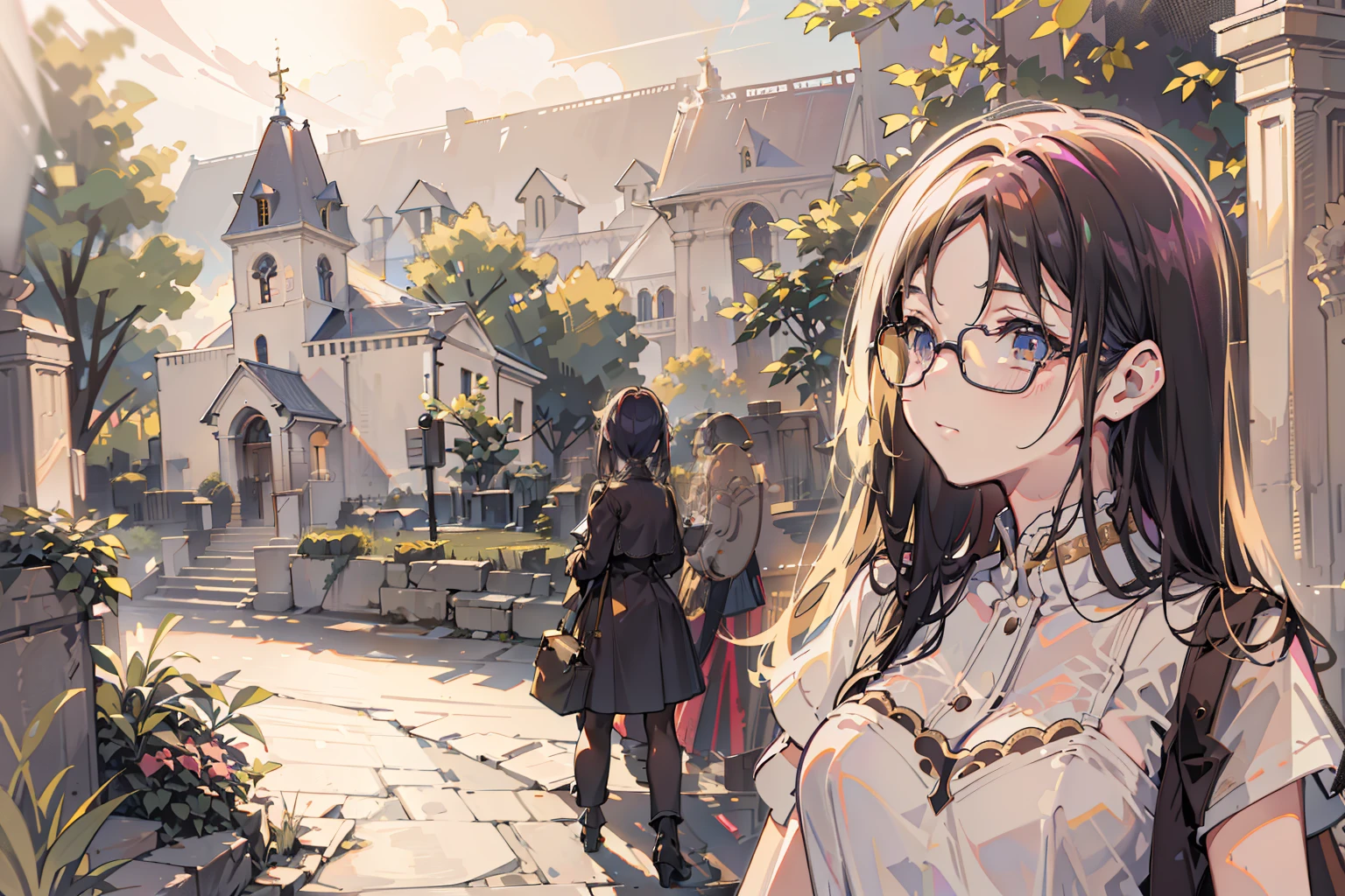 teens girl，Slight backlight，There is a European-style church in the distance、Printmaking style，Pencil sketch，Works of masters，high detal，telephoto lenses，Turn Back，Cinematic lighting