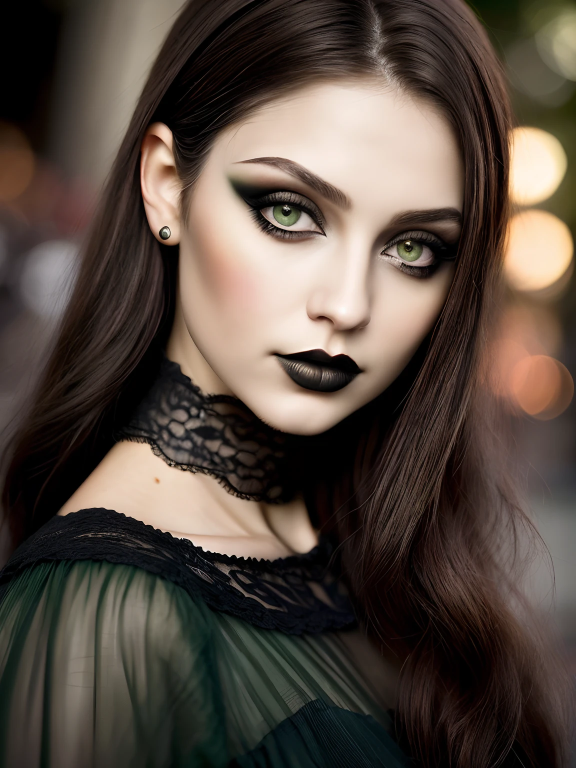 (close-up, fotografia, 20 yo gothic woman) (olhos verdes, Artistic makeup:1.2) (rosto altamente detalhado:1.4) (sorriso:0.7) (cabelos tingidos de preto) (fundo dentro escuro: 1.3), por Steve McCurry, canon m50, fotografia editorial, lente f1.8, gargantilha preta, hiper realista, textura realista, lighting dramatic, foto premiada, 8K.