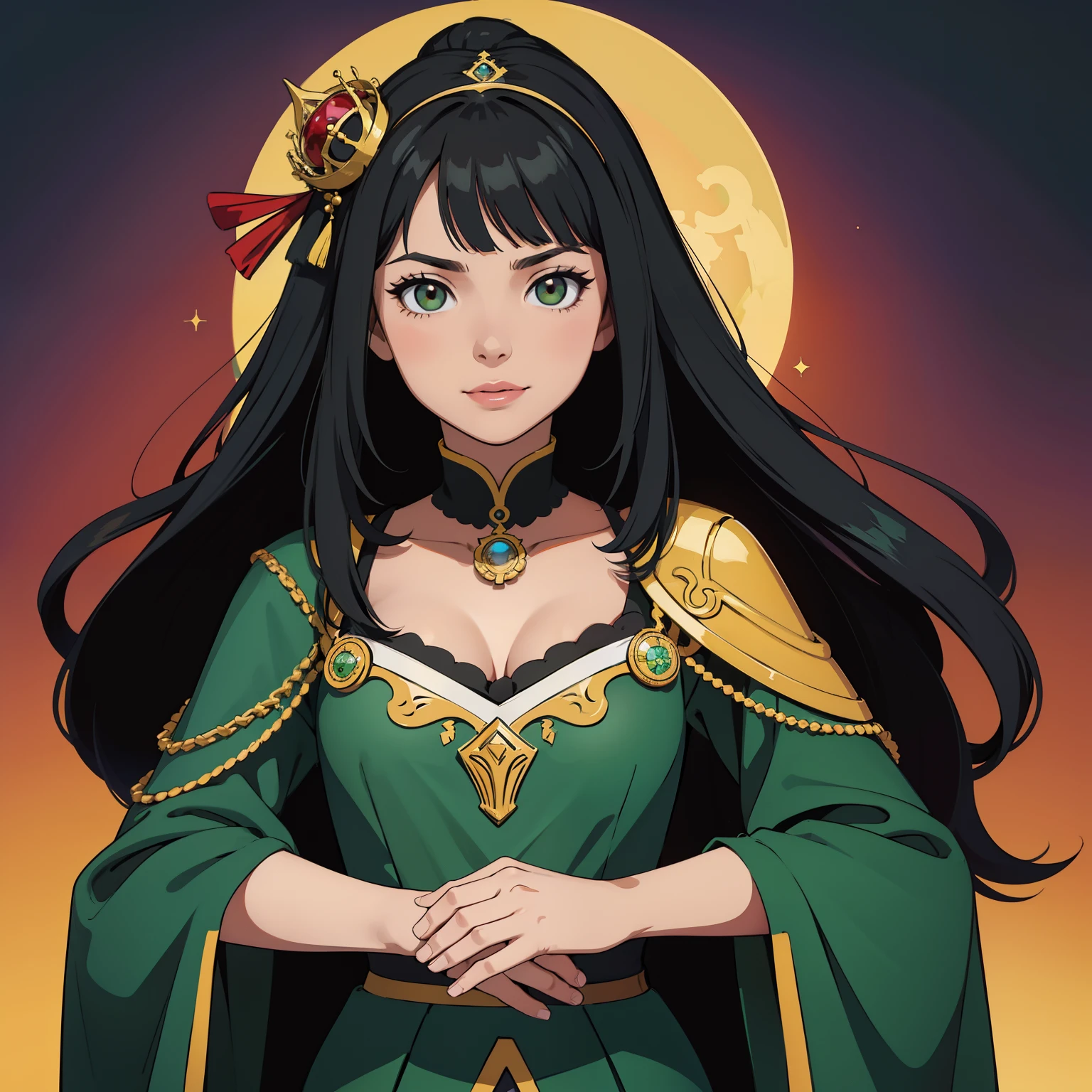Mujer, mujer alta, joven adulta, mujer adulta, pelo negro, pelo largo, coleta alta, coleta alta larga, coletas, ojos de color verde, ojos verdes, Medio cuerpo, estilo princesa, himesama, Emperatriz, corona, corona grande, dynamic  pose, sonrisa arrogante, alta calidad, fondo simple, una sola persona.