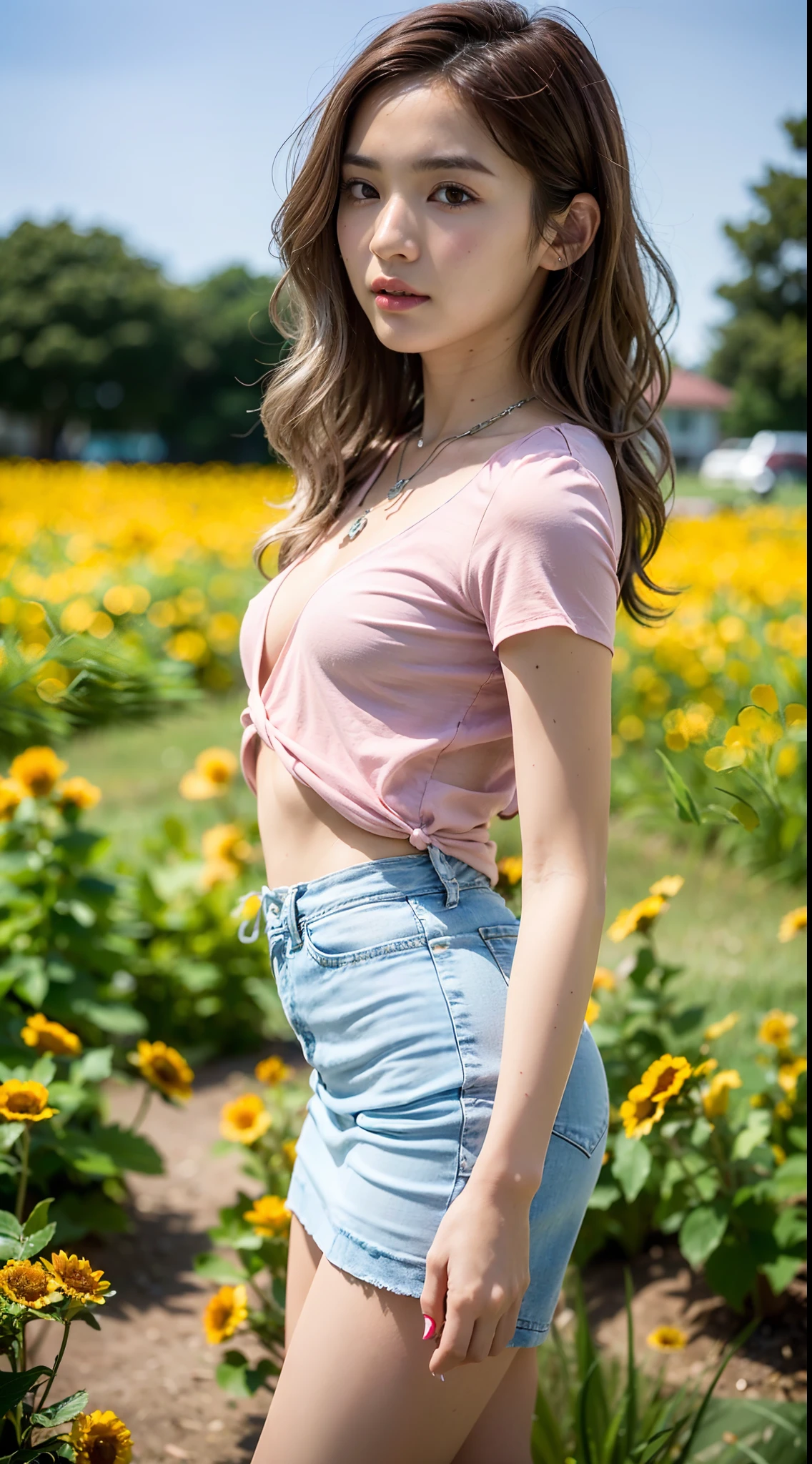 ((8k:1.27), best quality, masterpiece, realistic, photorealistic, extremely detailed, real face, real skin, realistic face, realistic skin, detailed eyes, detailed facial features, detailed clothes features, dynamic poses, extremely delicate, RAW photo, professional lighting, dynamic lighting, ultra highres:1.2), 1girl, (white short skirt:1.1), (tight blouse:1.3), sexy, (20 year old Asian:1.4), looking at camera, (brown wavy long hair:1.4), (small breasts:1.3), full body, in a flower field, (front view:1.1), (silver necklace:1.2), (red cheeks:1.2), slim