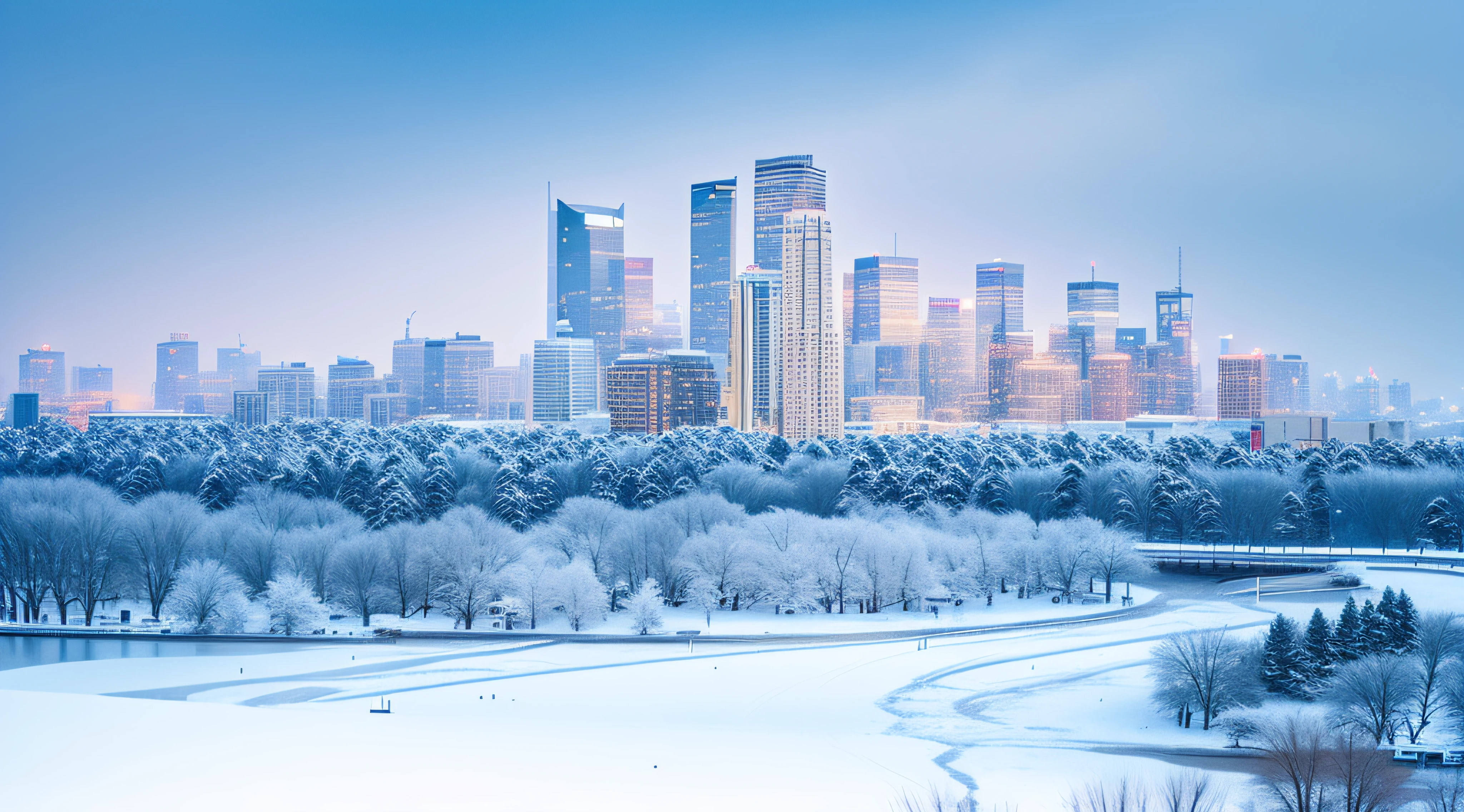 Snowy city skyline，In the foreground are rivers and trees, It snows in the city，It snowed a lot, ice city in 2 0 8 0, new - york skyline in winter, City, city buildings on top of trees, endless forest of high buildings, winter park background, cold snowy, Snowy, Cold but beautiful, beijing, winter, russian city, Snow, Beautiful cityscape