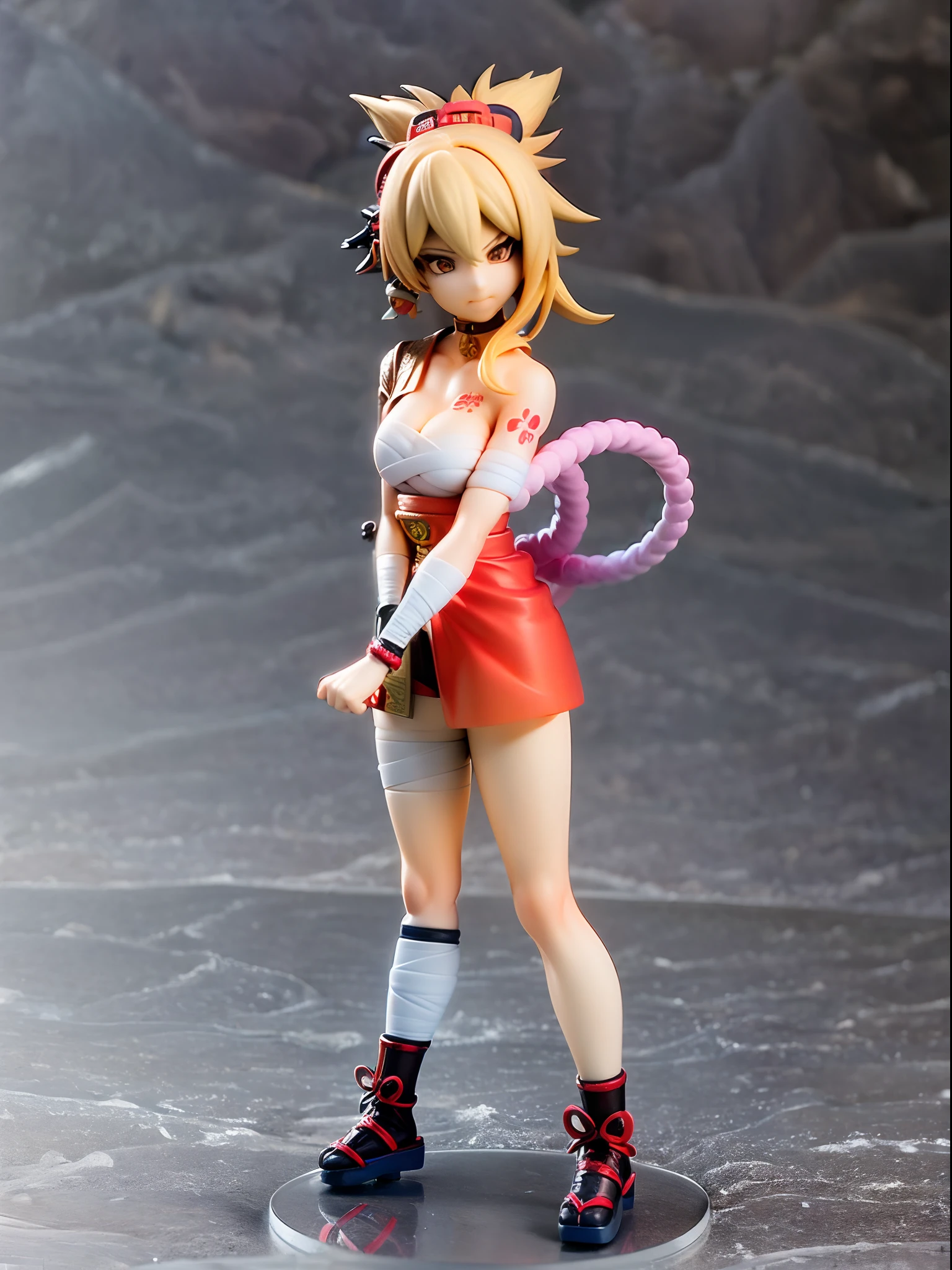 (Blind box toy style:1.3), ((Full body shot:1.4)) (((anatomy correct))),((1girl, solo)),(masterpiece:1.3), ,high quality, (SOLO:1.4), whole body, (((yoimiya_genshin))), smile, Asymmetrical Hair, Bandaged Leg, Bandages, Bangs, Bird, Black Gloves, Black Sash, Blonde Hair, Blurry, Blurry Background, Breasts, Budget Sarashi, Butterfly Choker, Chest Sarashi, Chest Tattoo, Choker, Cleavage, Collarbone, Commentary Request, Cowboy Shot, Depth of Field, Evening, Fingerless Gloves, Fireworks, Fish,red kimono,night background, masterpiece, best quality, solo, standing, ((circular base:1.5))(Global illumination, Ray traching, hdr, unreal render,reasonable design, high detal, Masterpiece, Best quality, hyper HD, Cinematic lighting)