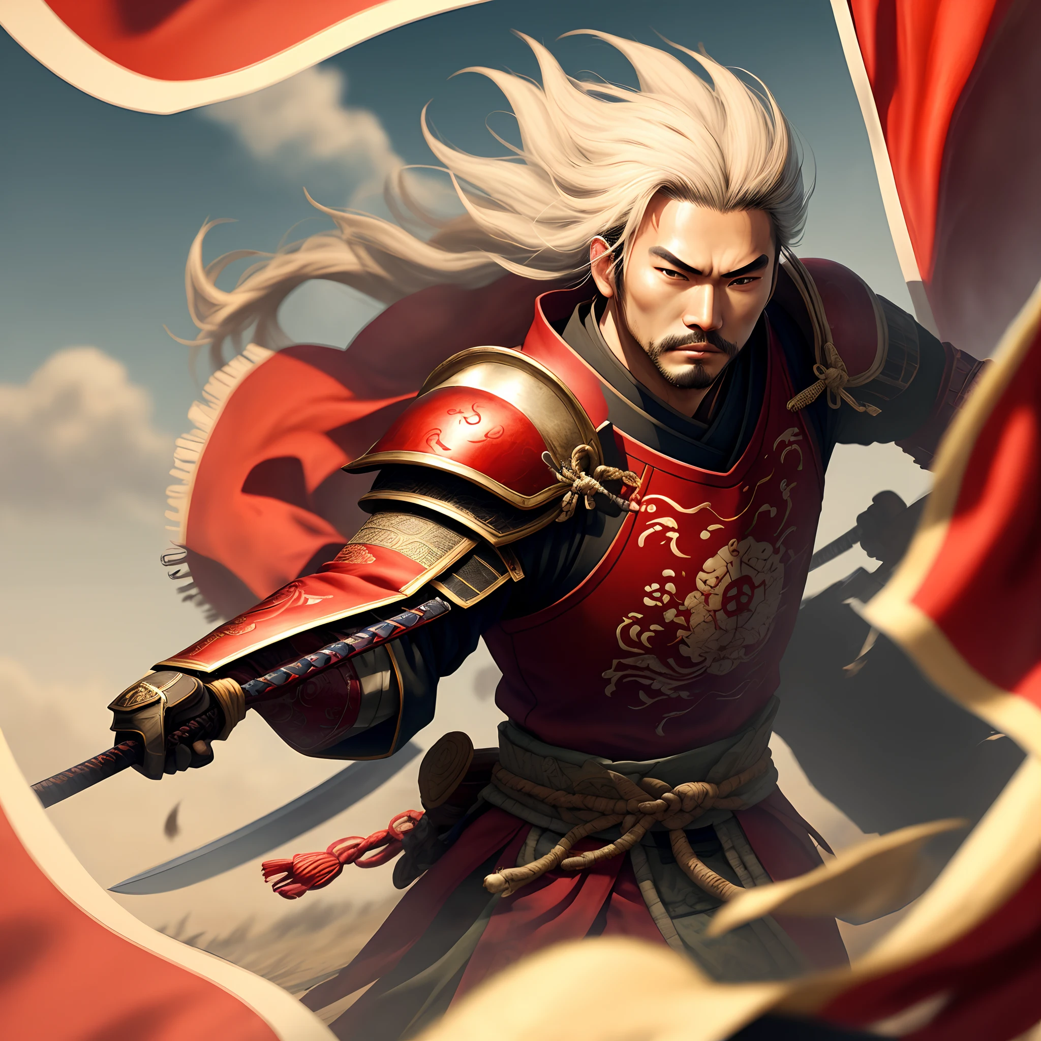 ancient wind,Swordsman,China-style,Shogun,Red armor,Red flag