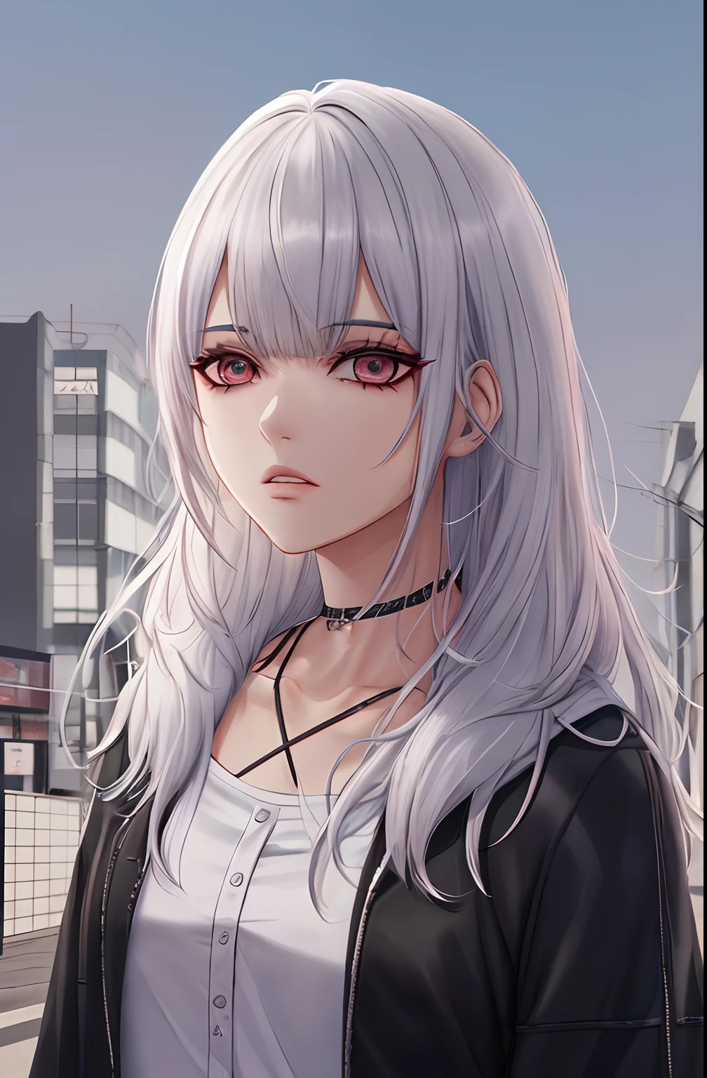 kk, melhor qualidade, mais detalhes, obra-prima, 1 girl, kaneki ken, retrato, foco feminino, olhos vermelhos, solo, franja, olhando para o espectador, capuz rosa, cabelo curto, chuva, tokyo tokyo \(cidade\), capuz, nail polish, cabelo branco, luxuoso, 8k, detalhado, ray tracing, profundidade de campo, cinematic lighthing,