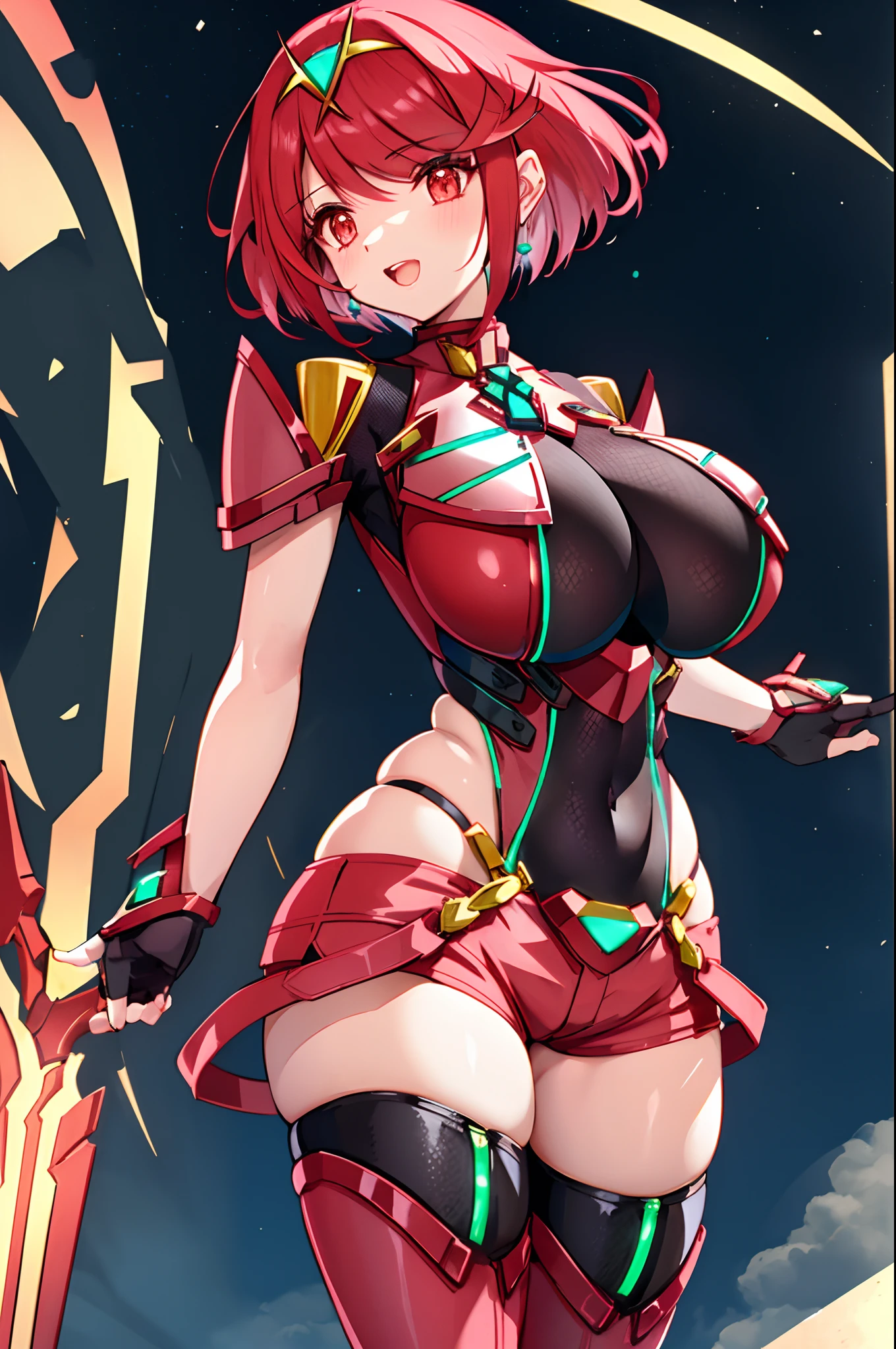 pyra \(xenoblade\), _1girl, armor, bangs, black gloves, breasts, red eyes, closed mouth, earrings, eyelashes, fingerless gloves, floating hair, framed breasts, gem, gloves, hair ornament, headpiece, jewelry, big_breasts, leaning back, leotard, neon trim, official art, pose, red hair, red shorts, saitou masatsugu, short hair, short shorts, short sleeves, shorts, sidelocks, skin tight, solo, standing, swept bangs, thighhighs, tiara, night_prairie_background, turtleneck, underbust, vambraces, xenoblade chronicles \(series\), (xenoblade chronicles 2), apart_legs, fire_effect,dynamic_pose_fighting,light_smile, (plump:1.1), big_ass,huge_sword, hold_large_sword_hilt, solo, covered_nipples, covered_pussy,open_mouth,