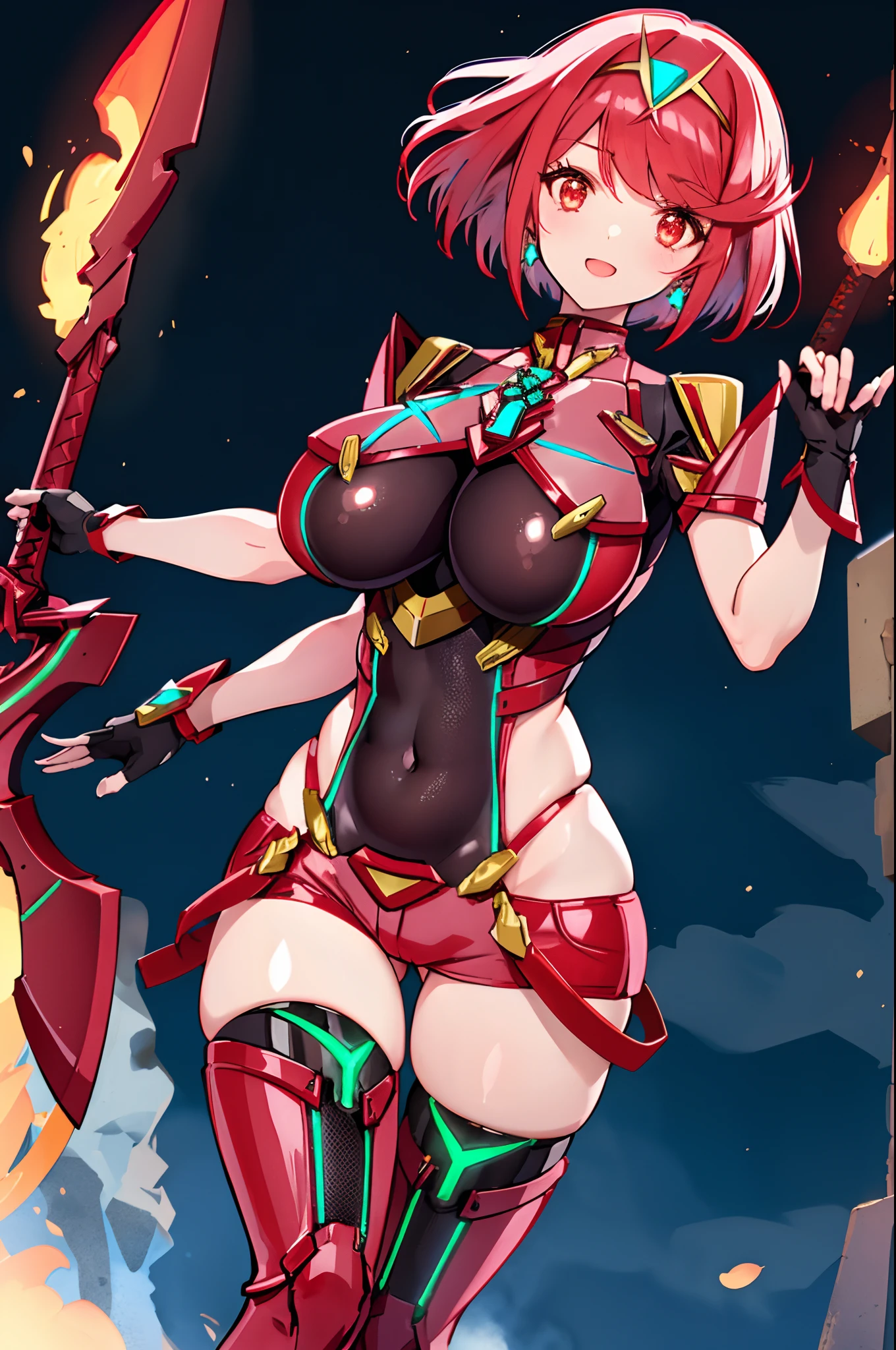 pyra \(xenoblade\), _1girl, armor, bangs, black gloves, breasts, red eyes, closed mouth, earrings, eyelashes, fingerless gloves, floating hair, framed breasts, gem, gloves, hair ornament, headpiece, jewelry, big_breasts, leaning back, leotard, neon trim, official art, pose, red hair, red shorts, saitou masatsugu, short hair, short shorts, short sleeves, shorts, sidelocks, skin tight, solo, standing, swept bangs, thighhighs, tiara, night_prairie_background, turtleneck, underbust, vambraces, xenoblade chronicles \(series\), (xenoblade chronicles 2), apart_legs, fire_effect,dynamic_pose_fighting,light_smile, (plump:1.1), big_ass,huge_sword, hold_large_sword_hilt, solo, covered_nipples, covered_pussy,open_mouth,