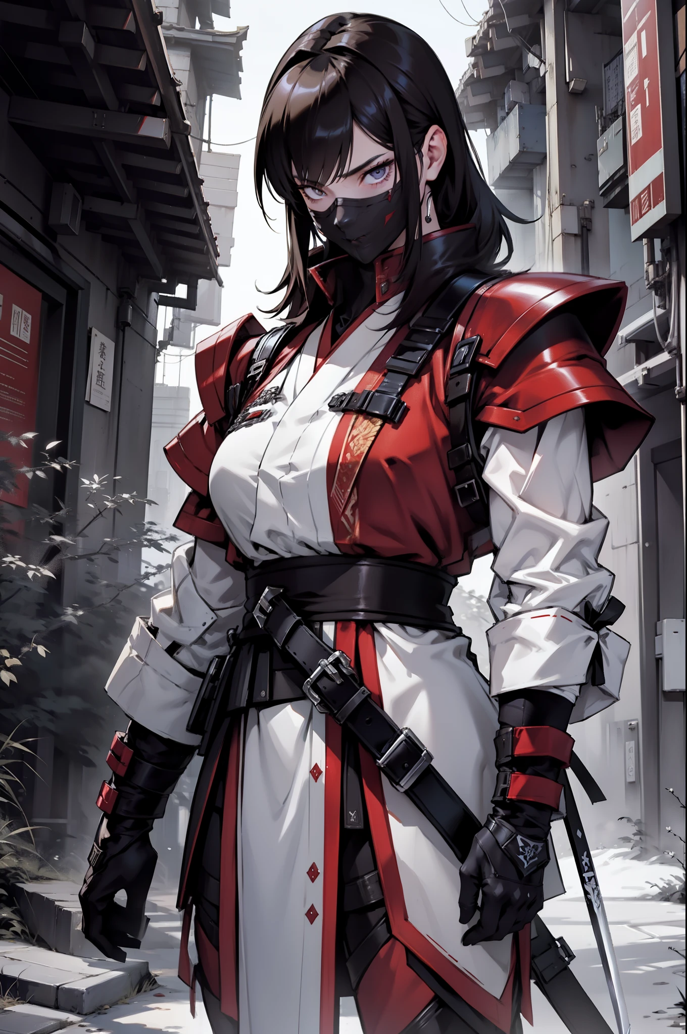 A Japanese female general、Sword in hand、Grim expression、full bodyesbian、Clear facial features、Amazing facial features，Red and white robes，brunette color hair，Armour，Boots，In the background is the battlefield，Incarnated as Shura，Game model， Stunning lighting， C4D，oc rendered，cinematic rim light，The light is delicate，tmasterpiece，ultra - detailed，Epic composition，Super HD，high qulity，HighestQuali，32K