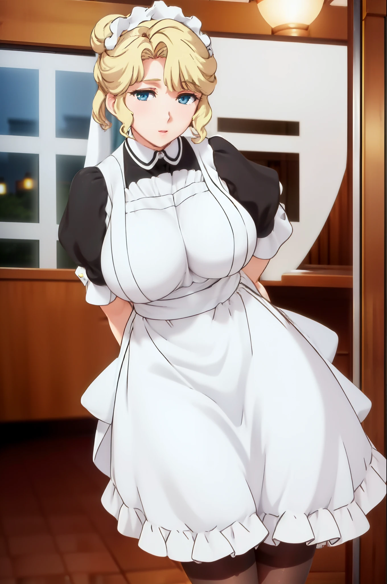 (Night:1.7), Japan, Tokyo, CityView, Before Window,
Standing at attention,
a white and yellow dress on her shoulders,
(Black_pantyhose), maid_apron, maid_headdress, maid_LONG_Skirt, gloves, 
blonde hair, short hair, hair bun, 
1 girl, 24yo,mature female,Beautiful Finger,Beautiful long legs,Beautiful body,Beautiful Nose,Beautiful character design, perfect eyes, perfect face,
looking at viewer, in the center of the image,
NSFW,official art,extremely detailed CG unity 8k wallpaper, perfect lighting,Colorful, Bright_Front_face_Lighting,
(masterpiece:1.0),(best_quality:1.0), ultra high res,4K,ultra-detailed,
photography, 8K, HDR, highres, absurdres:1.2, Kodak portra 400, film grain, blurry background, bokeh:1.2, lens flare, (vibrant_color:1.2)
(Beautiful,large_Breasts:1.4), (beautiful_face:1.5),(narrow_waist),