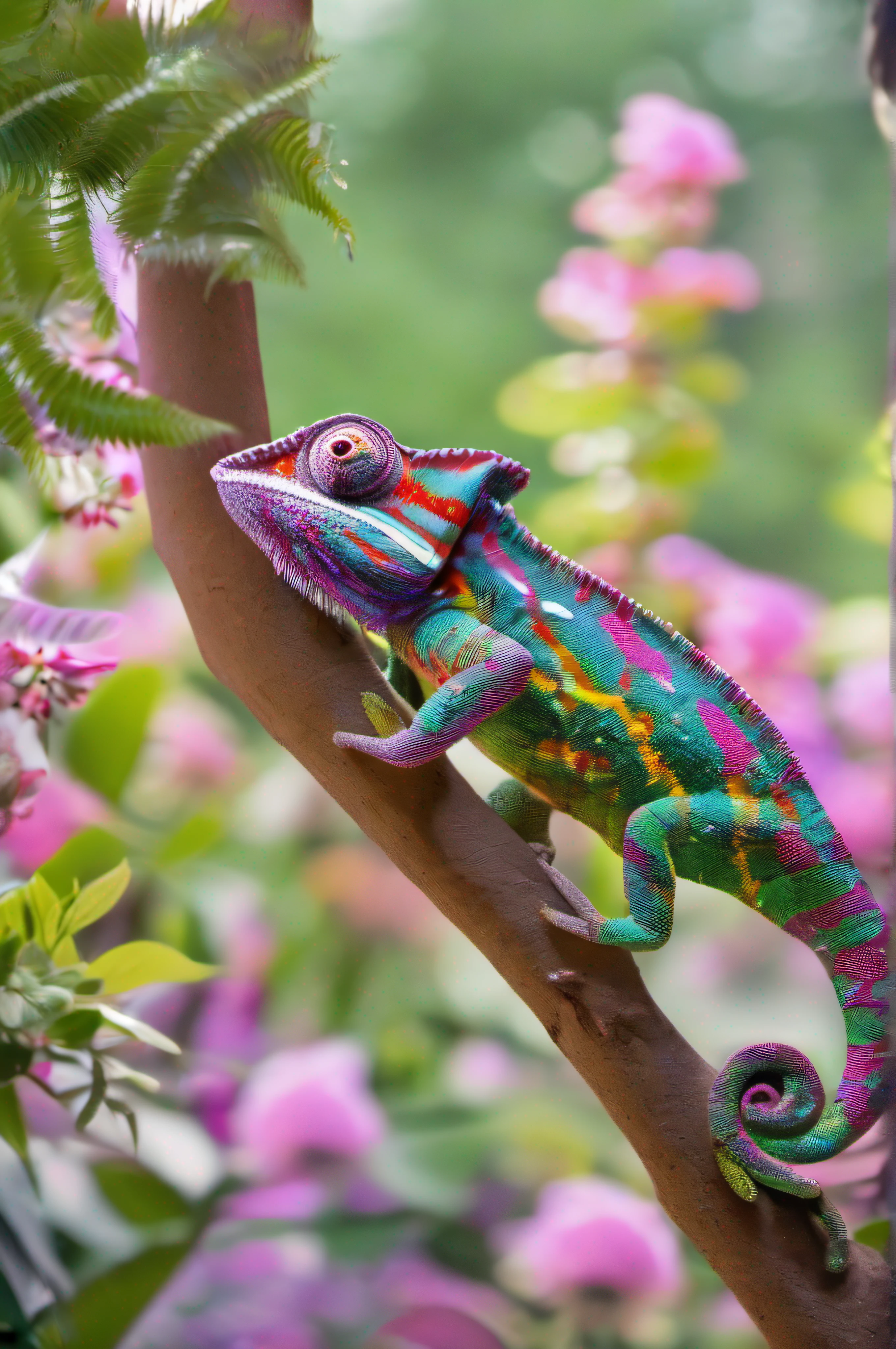 imagen intrincada llena de detalles, 8k, Unique work, Multicolored chameleon, ojos detallados, cuerpo detallado, ser omnipotente, in its communion with nature and its silver leaves, mezcla de bosque y paisaje natural, a en perfecta coexistencia, luz fuerte y brillante