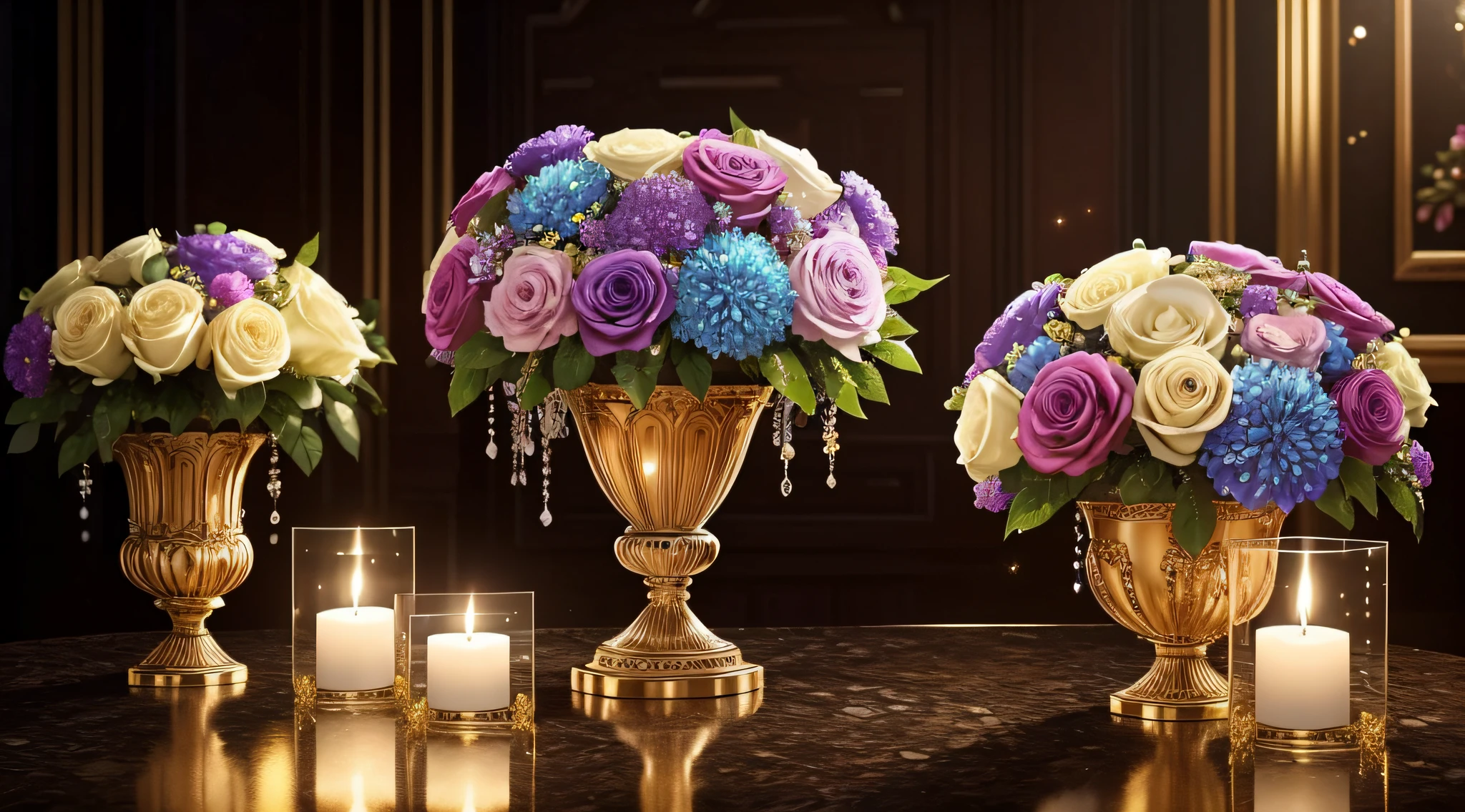 crystal vases, jewel vases, huge bouquets, glittering, many wet flowers, peacock colors, opalescent, glory, breath taking beautiful, graceful, elegant, stunning, photo, shiny, iridescent, (masterpiece), (best quality) (detailed) (8k) (HDR) (cinematic lighting) (sharp focus) (intricate), HDR, hyper-realistic, color graded, realistic picture, ultra high quality, stunning, valuable treasure inside, sparkling, shimmering, splashing rainbows, dripping, glistening, candles illuminating, clear --auto