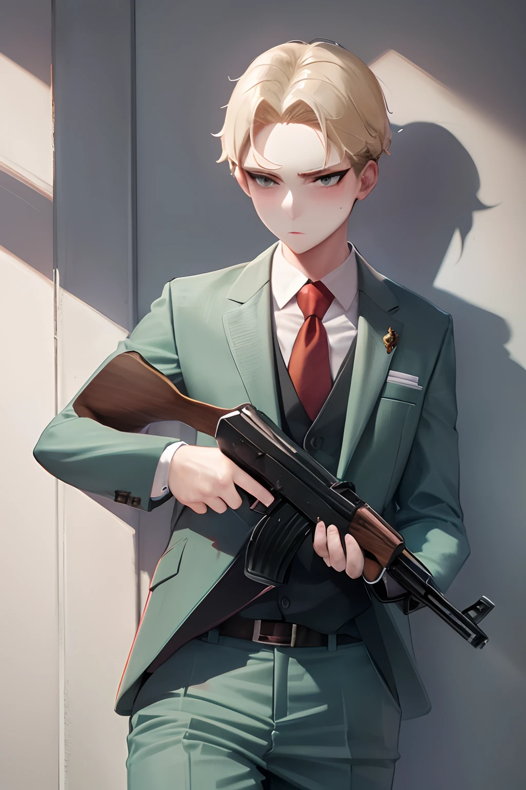 agent_twilight, masterpiece, best quality, (blush), (colorful), shirt, necktie, pants, green suit, masterpiece, holding gun, ak-47, akm, assault rifle, kalashnikov rifle, (aiming:1.2), finger on trigger,