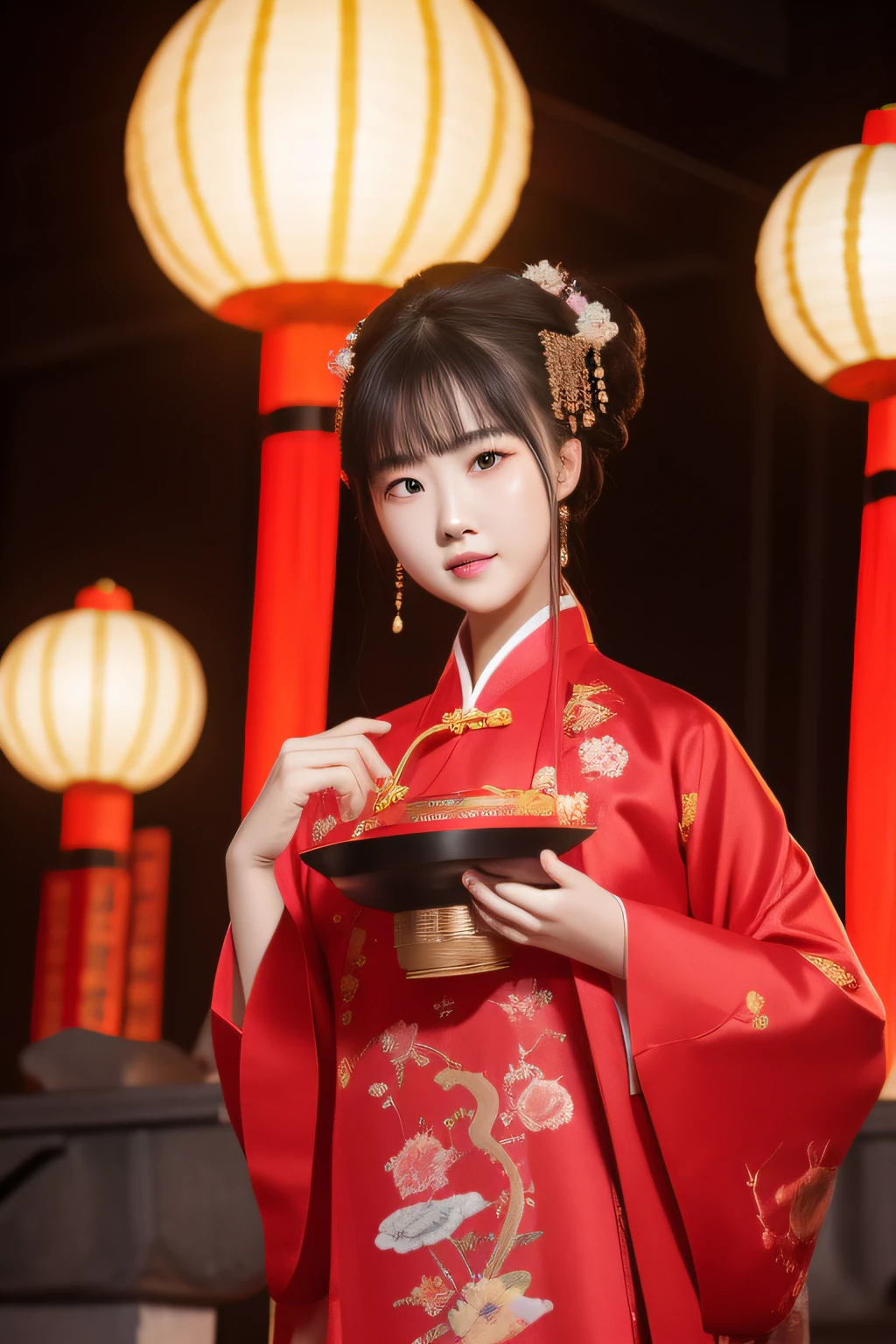 the night，A woman in Chinese clothing carries a lantern