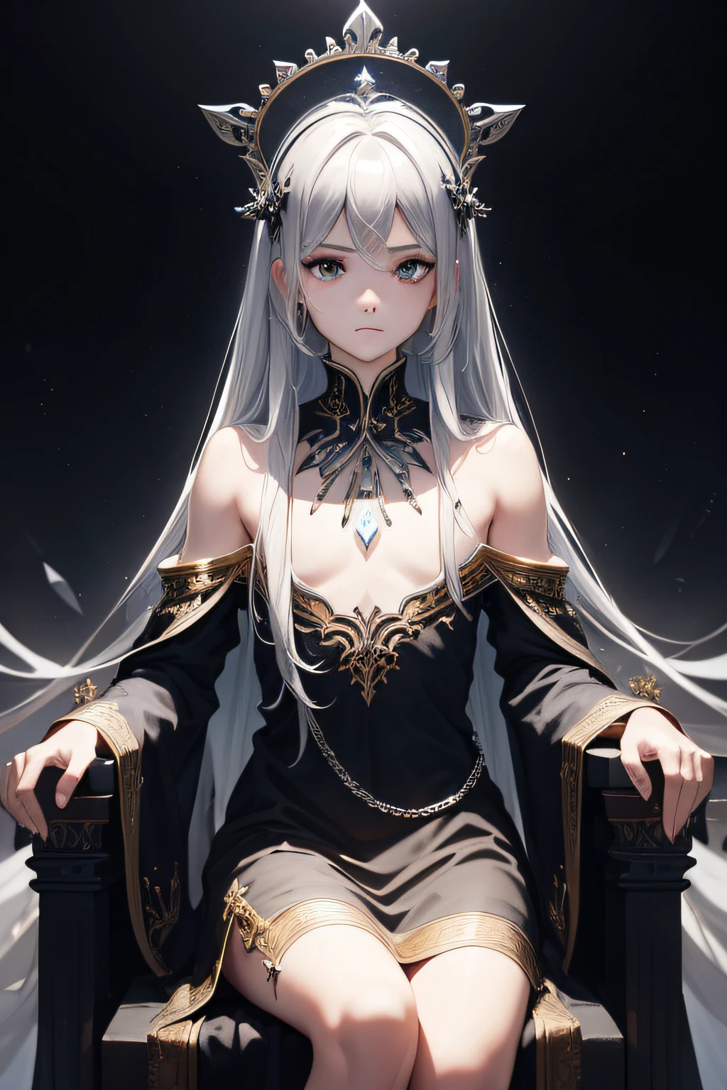 (((masterpiece))),best quality, illustration,(beautiful detailed boy), a boy ,solo,bare shoulders,flat_chst,diamond and glaring eyes,beautiful detailed cold face,very long blue and sliver hair,floaing black feathers,wavy hair,black and white sleeves,gold and sliver fringes,a (blackhole) behind the boy,a silver triple crown inlaid with obsidian,(sit) on the black ((throne)), (depth) of (field)