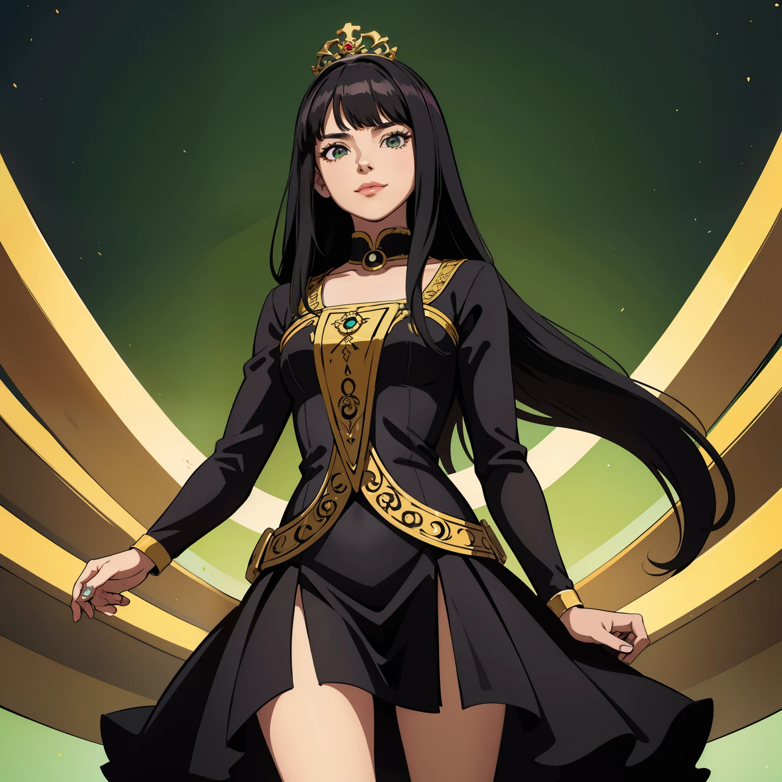 Mujer, mujer alta, joven adulta, mujer adulta, pelo negro, pelo largo, coleta alta, coleta alta larga, coletas, ojos de color verde, ojos verdes, Medio cuerpo, estilo princesa, himesama, Emperatriz, corona, corona grande, dynamic  pose, sonrisa arrogante, alta calidad, fondo simple, una sola persona.