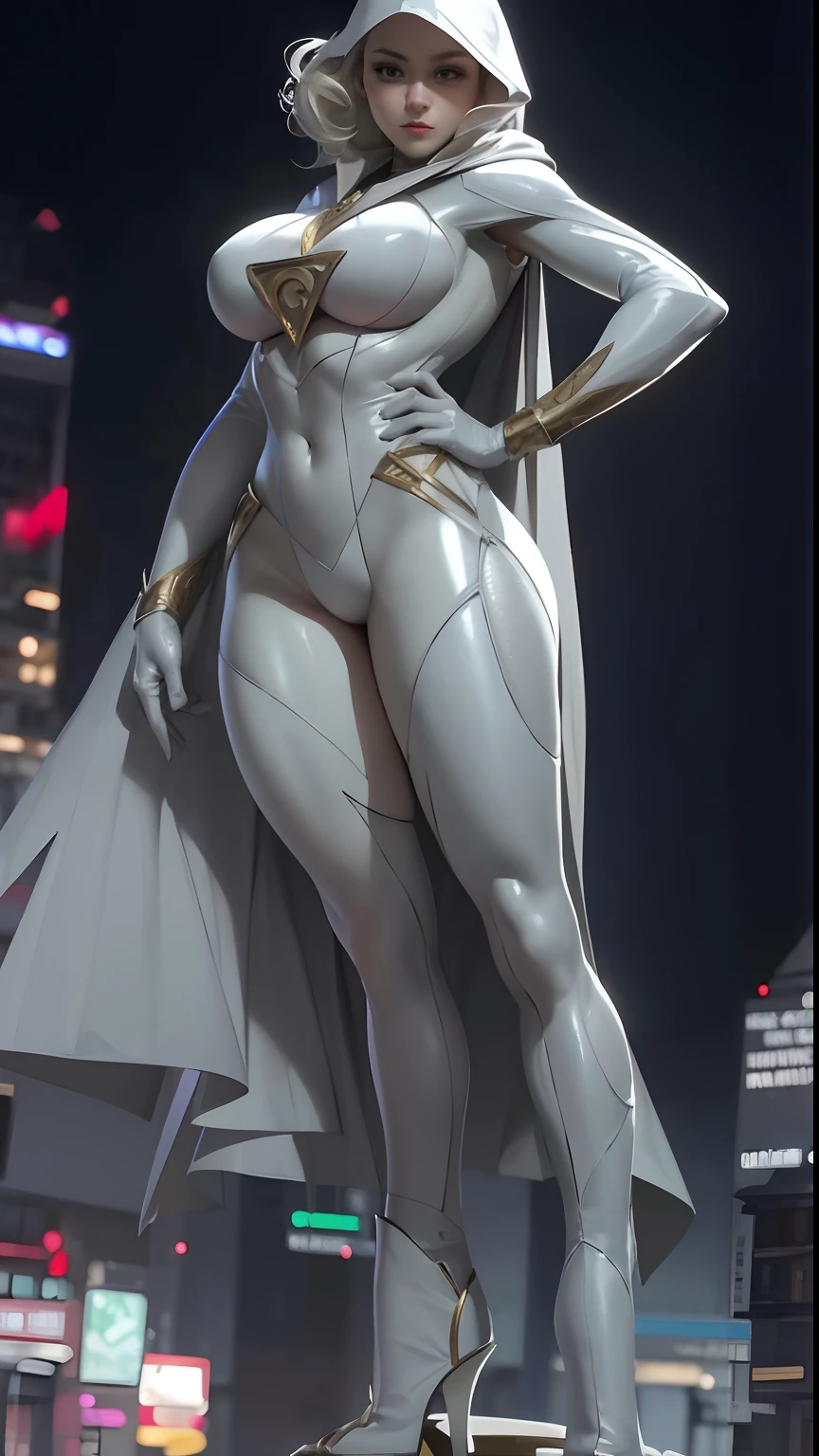 Close-up of a woman in a white suit and cape, female moon knight, Goddess. Extremely high detail, character is in her natural pose, power girl, detailed full-body concept, White shiny skin, cinematic goddess body shot, Detailed body, powerful posing, statue of a perfect woman, super scale rendered, krenz cushart and artgerm