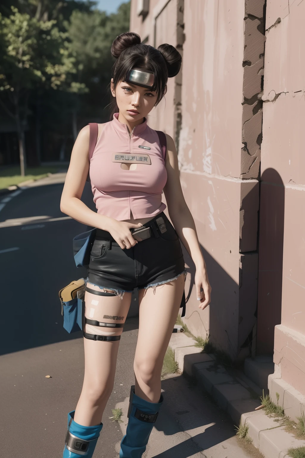 There is a woman in a pink shirt and black shorts posing, cyberpunk style outfit, Cyberpunk 2 0 y. o model girl, Cyberpunk costumes, Cyberpunk clothes, wearing cyberpunk streetwear, cyberpunk fashion clothes, Cyberpunk girl, mechanic punk outfit, cyberpunk anime girl, cyberpunk fashion clothes, muted cyberpunk style, Cyberpunk costumes, cyberpunk fashion, female cyberpunk anime girl, Bra and shorts streetwear