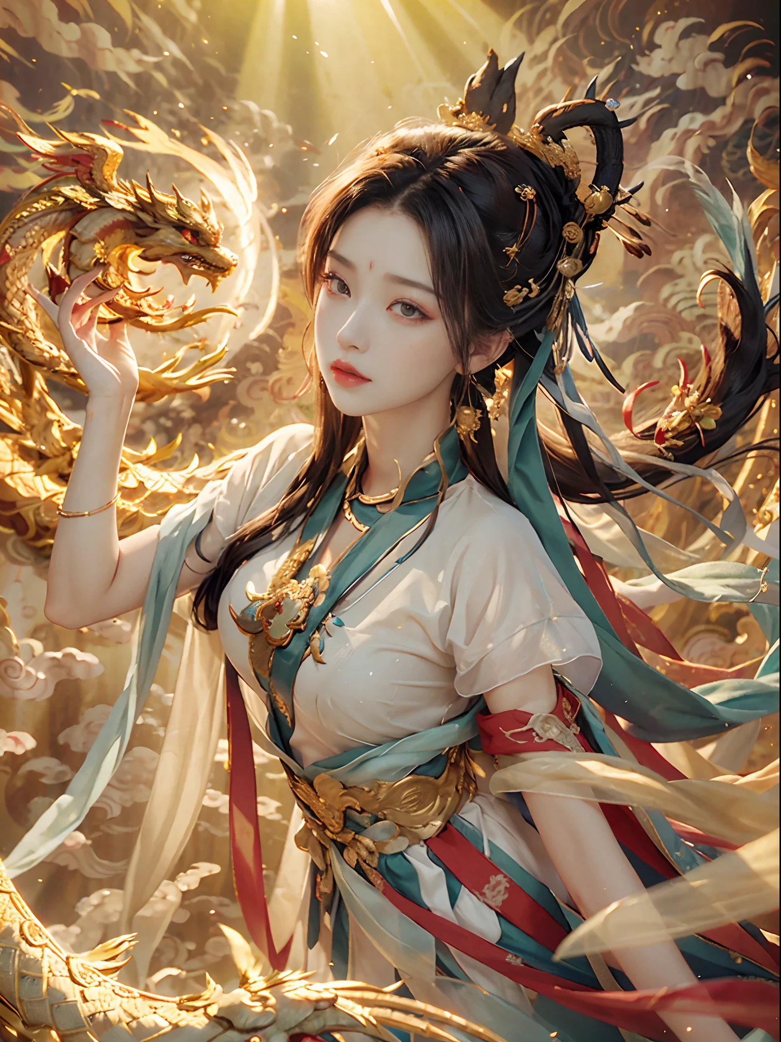 k hd,(tmasterpiece:1.2), 1个Giant Breast Girl, Clean face,largeeyes,Redlip,gentleness,long whitr hair, frontage,dynamic angle,(The background is a Chinese palace in the sky:1.5),(Surrounded by auspicious clouds:1.5),high detal,best qualtiy,realisticlying,(Complicated details:1.2),(exquisite detailing),(cinematric light, Best quality backlight),,cinmatic lighting,lens_flare,,dunhuang_Style Dragon and Phoenix