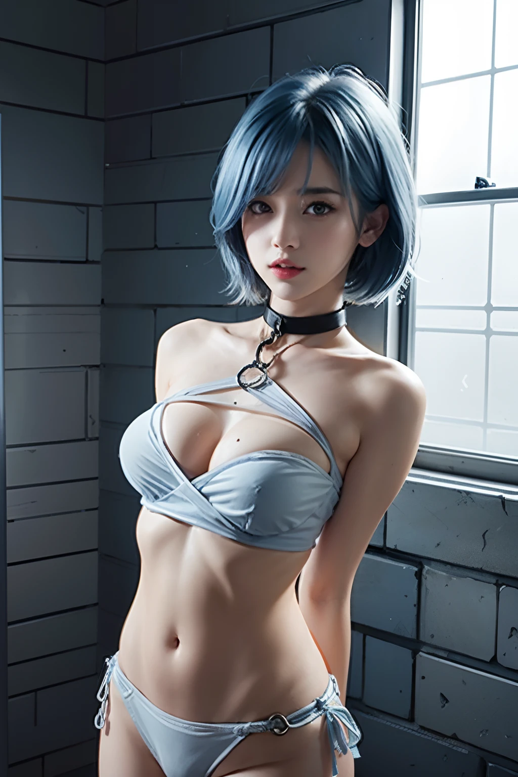 masterpiece,1girl,solo,blue hair,short hair, hair intakes,torn clothes, handcuffs, chains,navel,tears, (arms behind back:1.2),bondage,shibari,chains,heart-shaped pupils, open mouth,