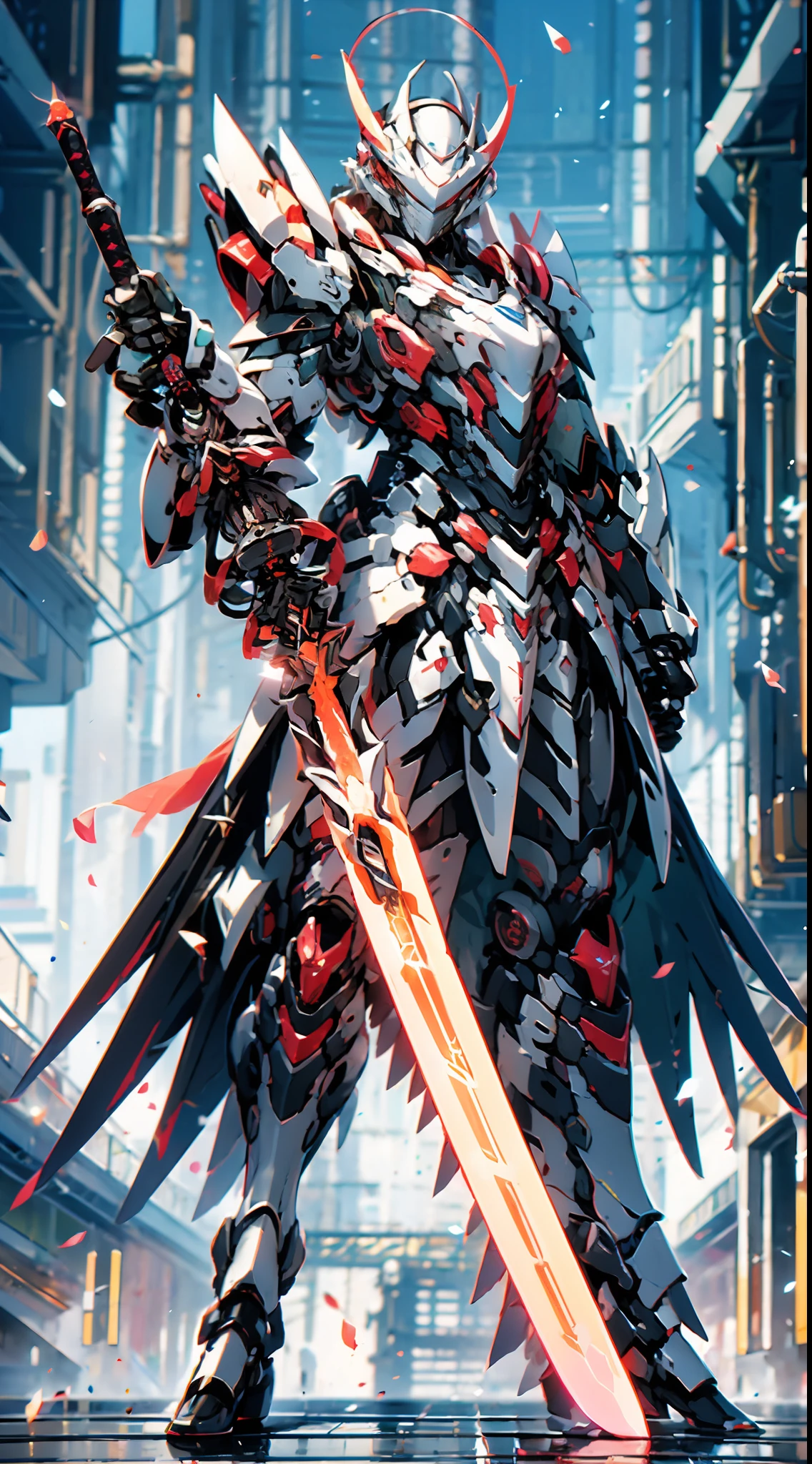 mecha_musume, 1 girl, long_hair, science_fiction, weapon, lightsaber, holding_sword, blue_eyes, solo, headdress, holding_weapon, mecha, bust, pink and white livery, angel halo, sad gaze, upper body, mermaid line,