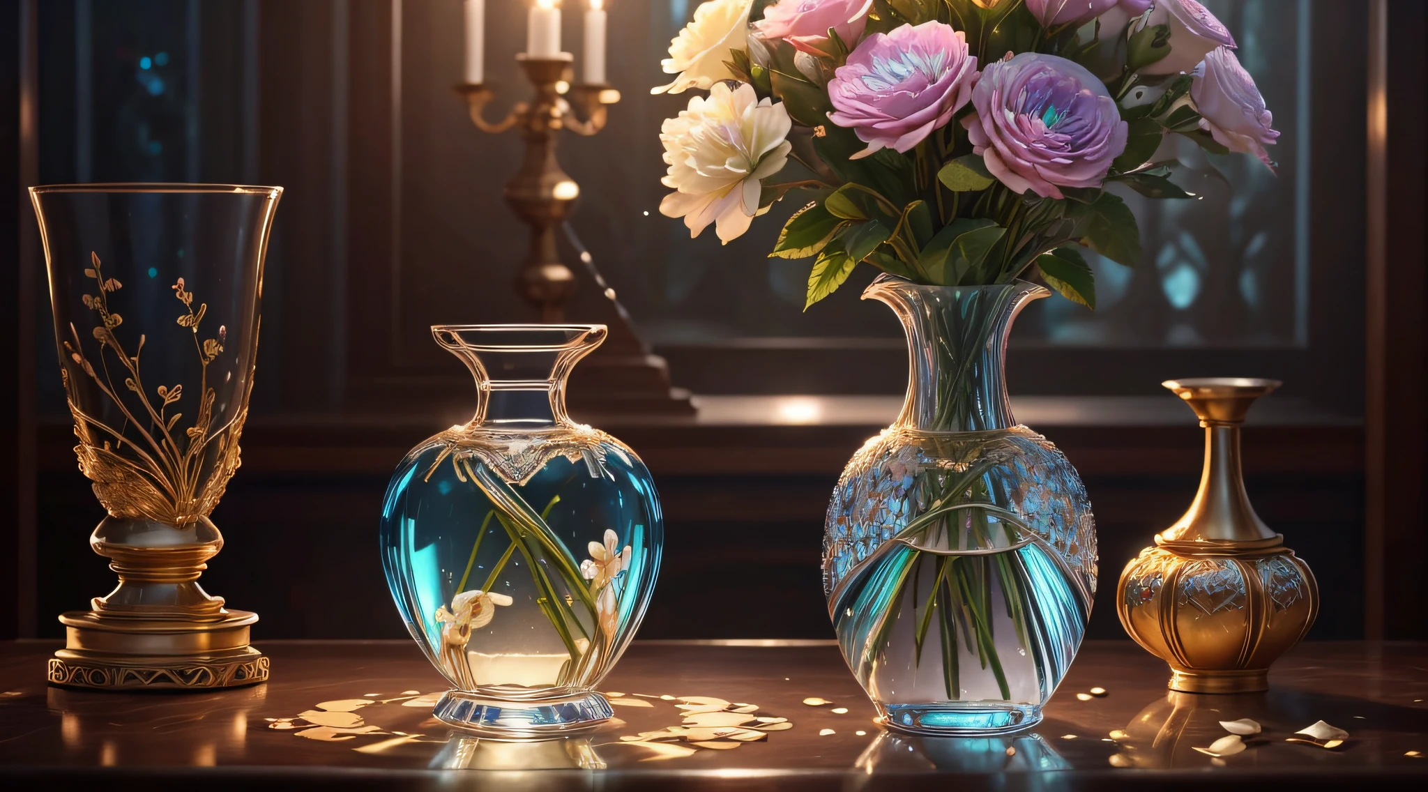 crystal vases, jewel vases, huge bouquets, glittering, many wet flowers, opalescent, glory, breath taking beautiful, graceful, elegant, stunning, photo, shiny, iridescent, (masterpiece), (best quality) (detailed) (8k) (HDR) (cinematic lighting) (sharp focus) (intricate), HDR, hyper-realistic, color graded, realistic picture, ultra high quality, stunning, valuable treasure inside, sparkling, shimmering, splashing rainbows, dripping --auto
