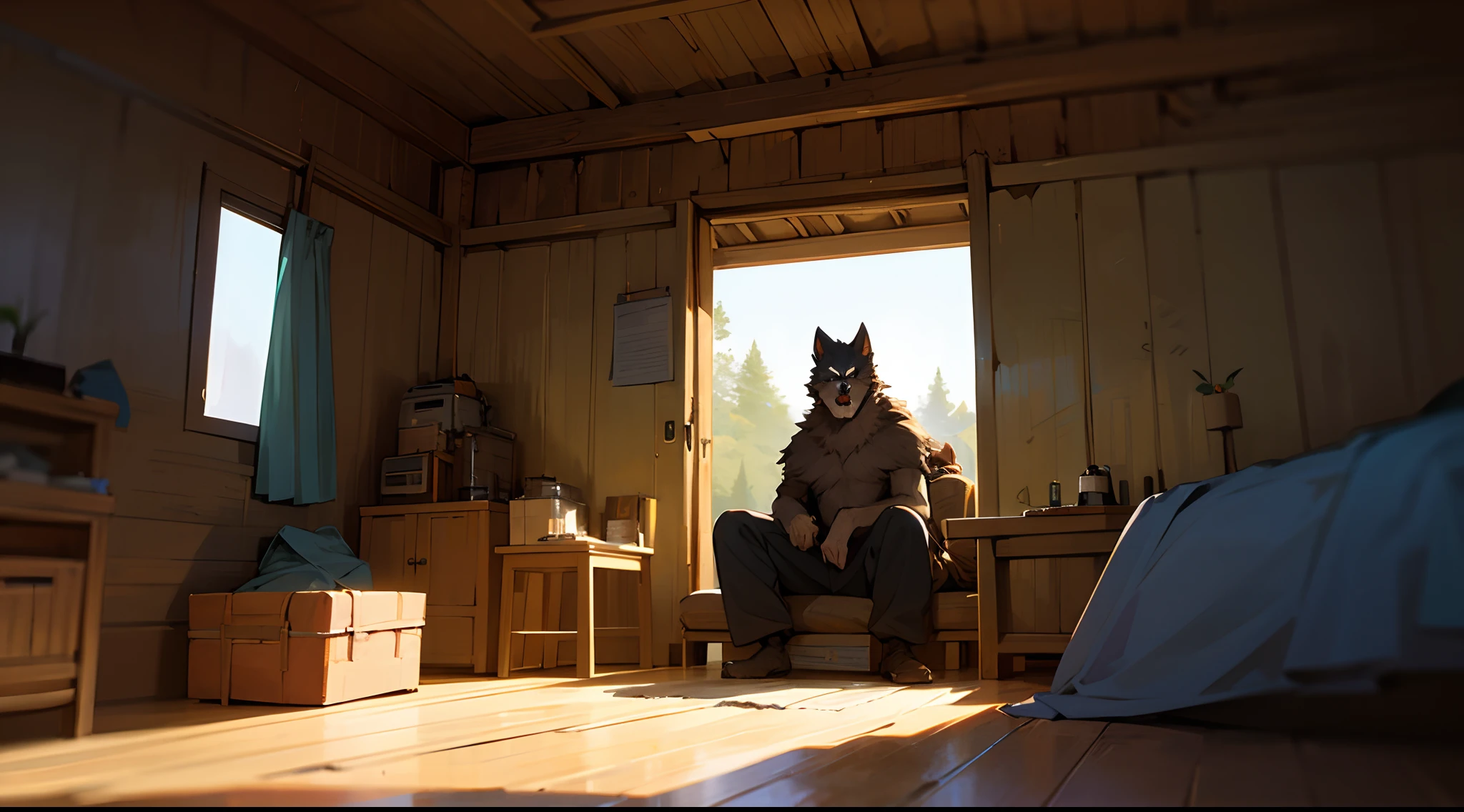 top-quality、hight resolution、detaileds、Inside a hut in the wilderness、Western style、Werewolf３There are people、