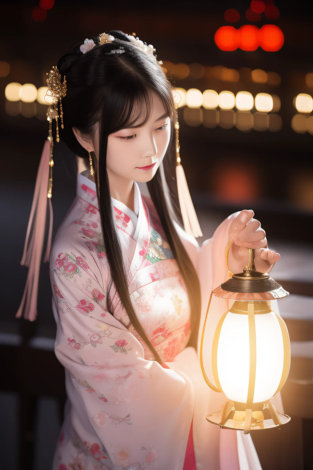 the night,A woman in Chinese clothing carries a lantern