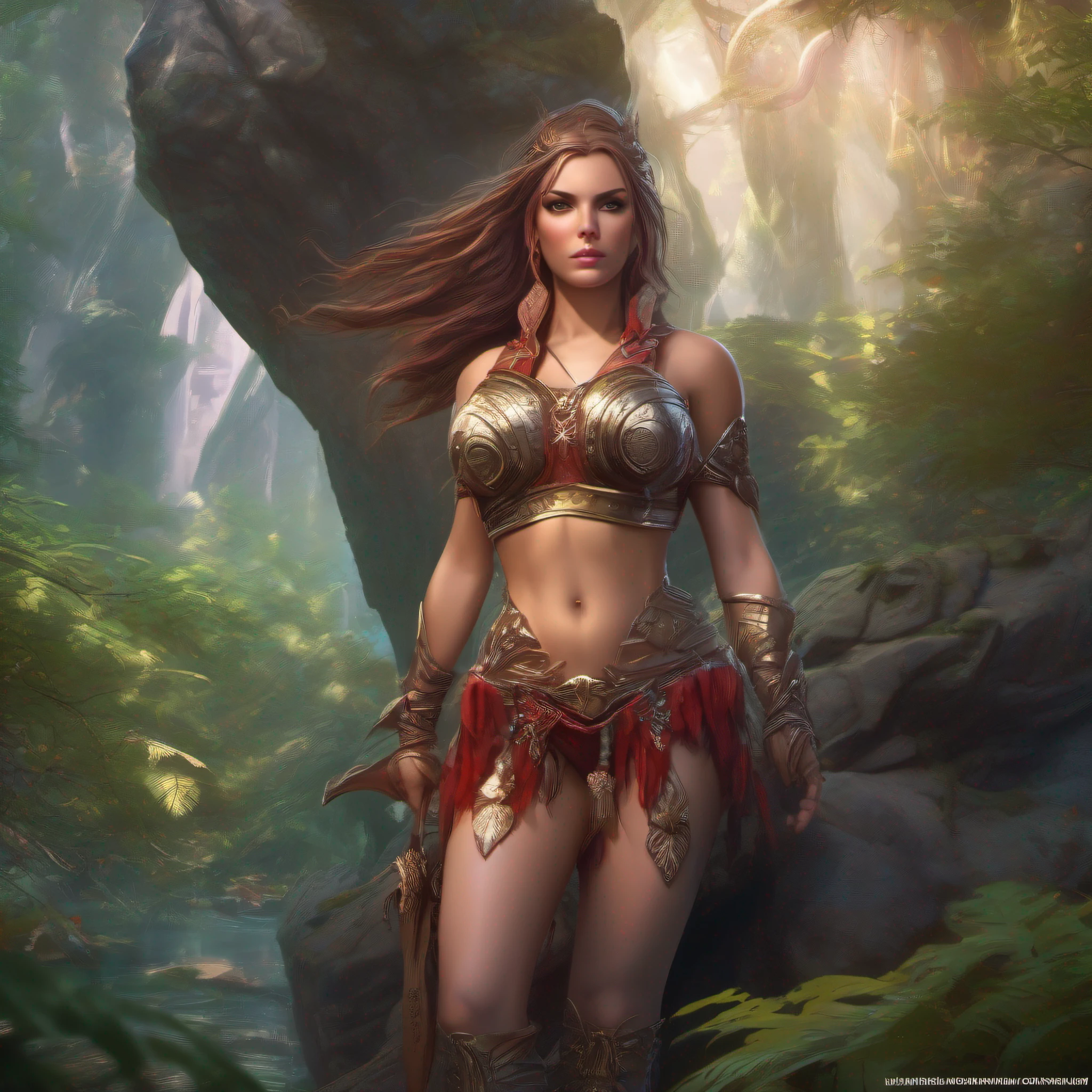 A beautiful scarlett female warrior in a magical bikini posing on a rock in a magical forest, highly detailed and realistic face, beautiful detailed eyes, fantasy art, in the style of Artgerm, illustration, epic, fantasy, intricate, hyper detailed, artstation, concept art, smooth, sharp focus, ray tracing, vibrant,