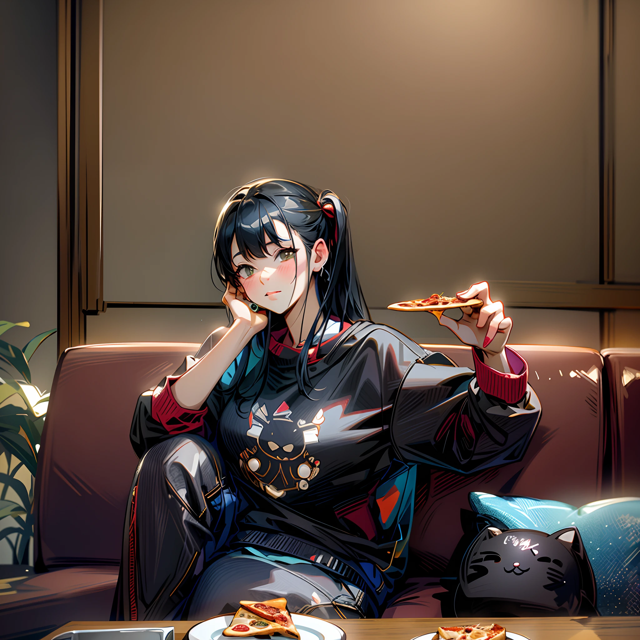 Anime girl sitting on couch eating a slice of pizza, eating pizza, Guviz-style artwork, Casual pose, eating pizza, trending on cgstation, anime visual of a cute girl, in an anime style, In anime style, Casual clothing, Realistic anime 3 D style, style of anime4 K, Digital anime illustration, realistic art style