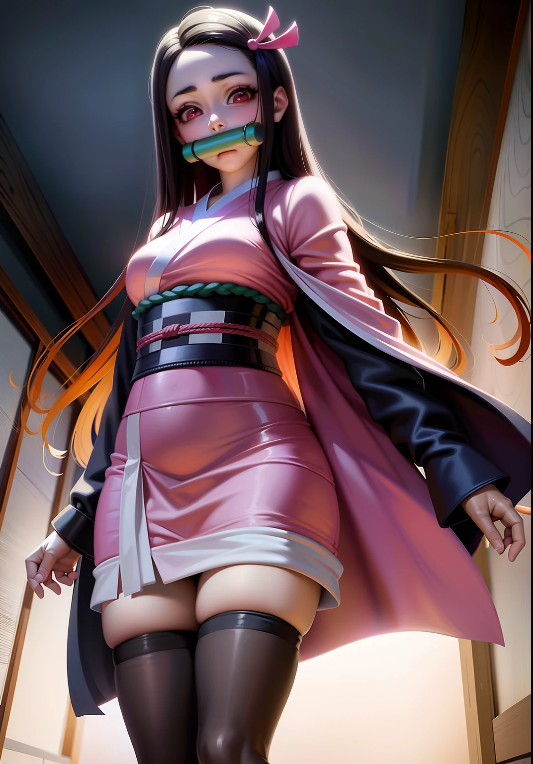 Anime - Stylized image of a woman with tape on her mouth, nezuko-chan, nezuko, Range Murata and Artgerm, Smooth anime CG art, photorealistic anime girl rendering, Badass anime 8 K, high detailed official artwork, made with anime painter studio, Extremely detailed Artgerm, [ 4 K digital art ]!!