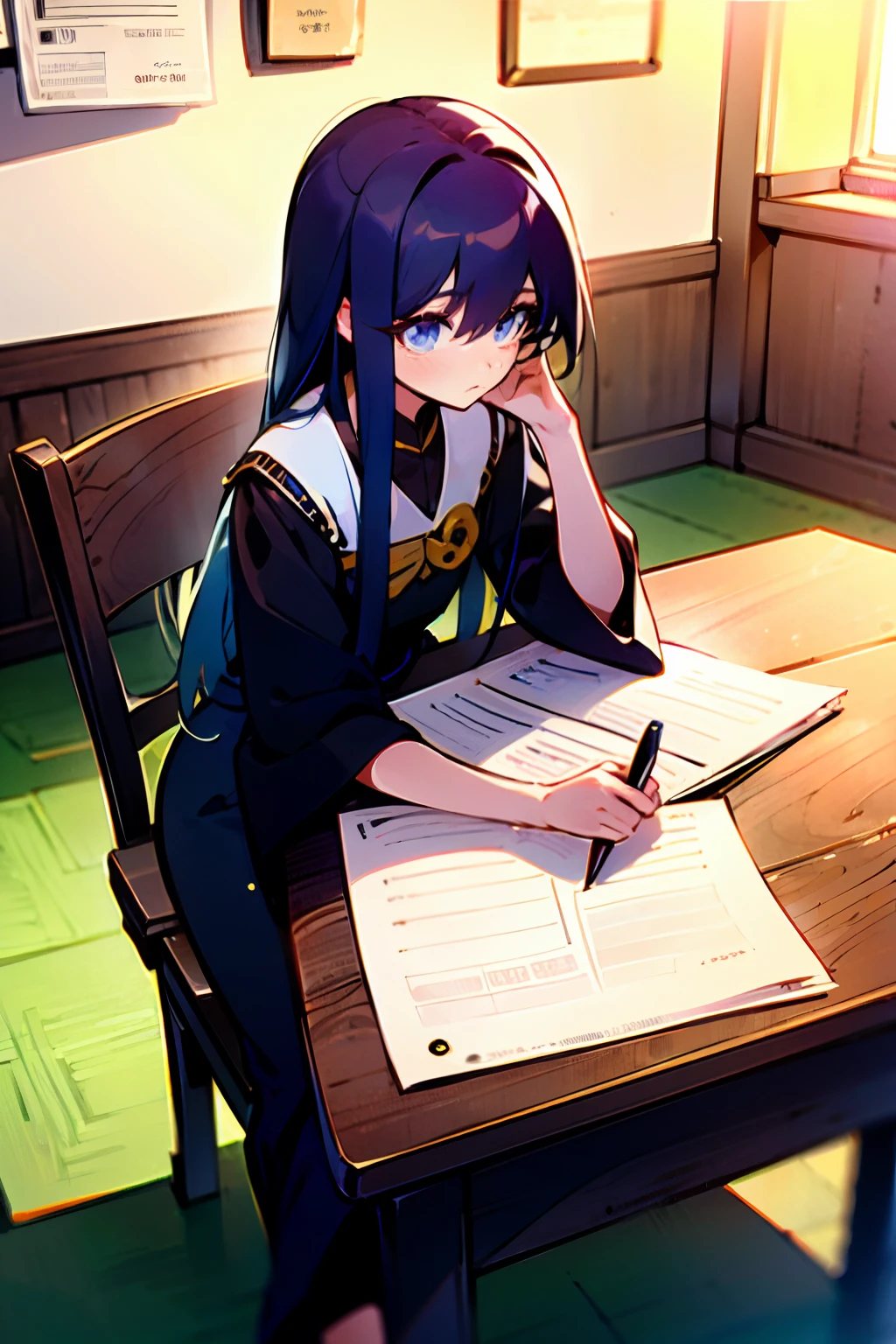 /imagine prompt: A focused girl sitting at a desk, diligently filling out a graduation application form, with several thick books and files on the table, showcasing her dedication and hard work, by Manhua --niji 5