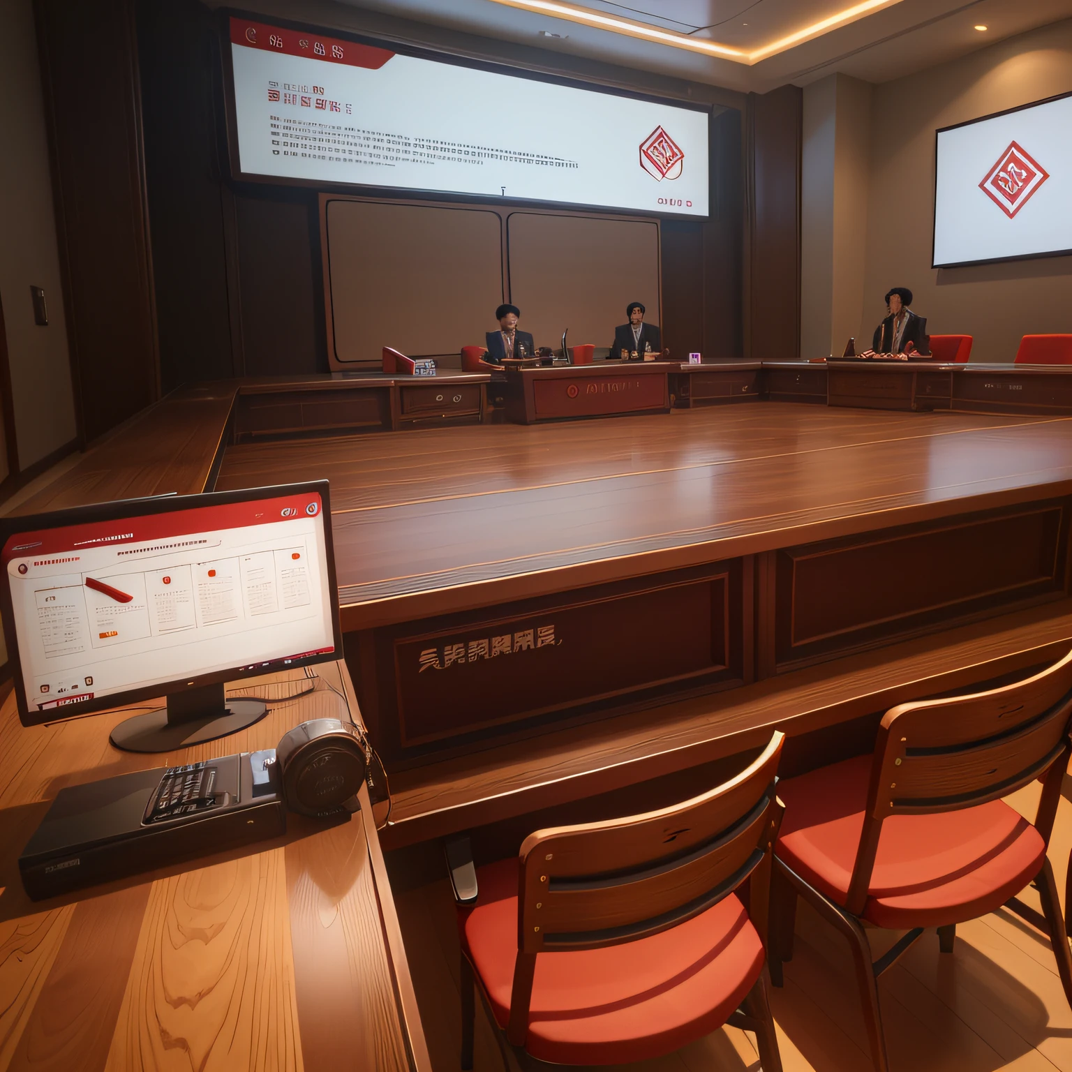 There are a lot of meetings in the meeting room,Dress formally。The meeting room is huge,The chair is made of dark brown wood and red sponge cushions。A large screen embedded in the wall directly in front of the meeting room,The screen displays PPT,This PPT is based on a red background and light yellow lines,Include logo "China Unicom",and title "Win the battle of epidemic prevention and control" Written。There is a banner banner at the top of the screen。