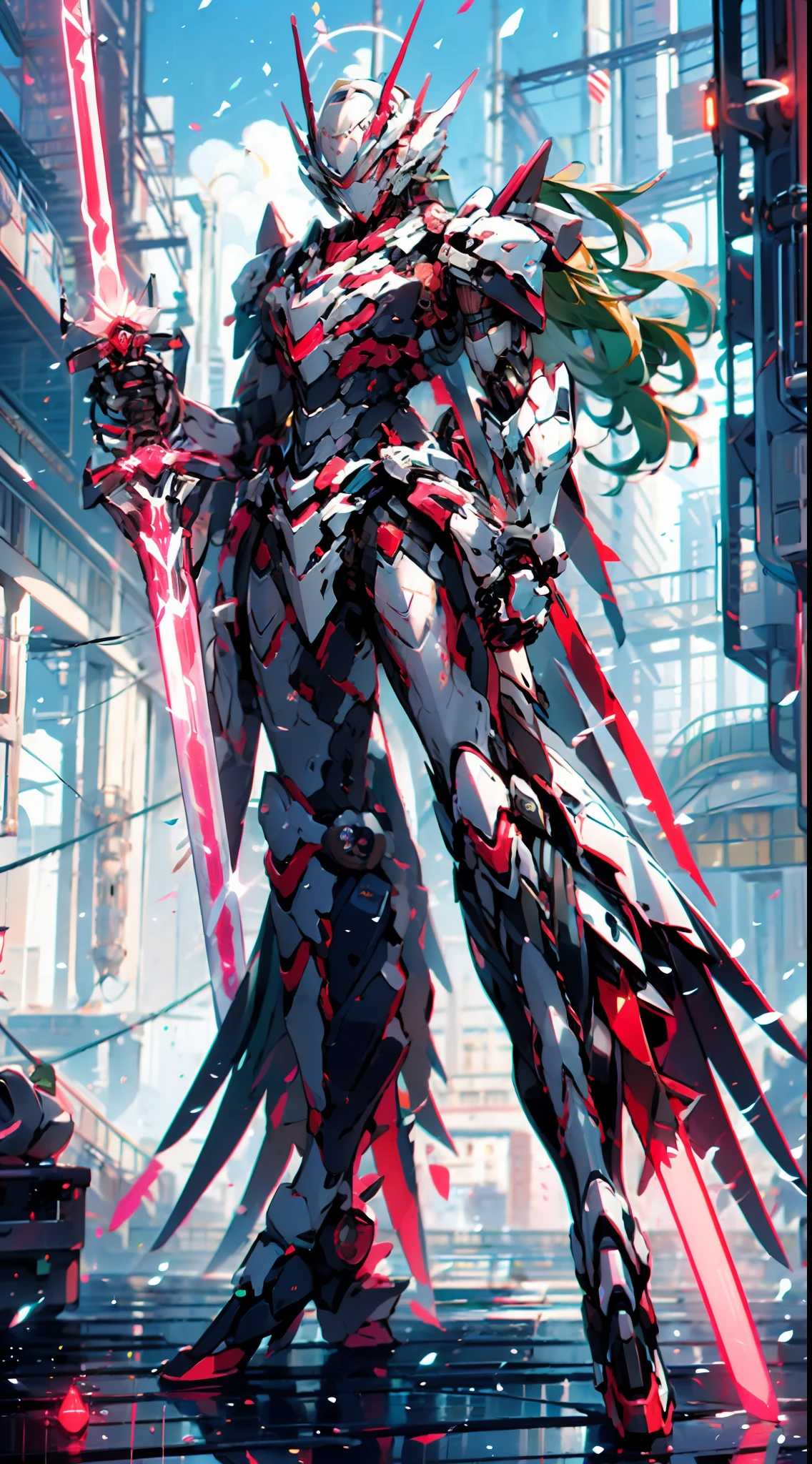 mecha_musume, 1 girl, long_hair, science_fiction, weapon, lightsaber, holding_sword, blue_eyes, solo, headdress, holding_weapon, mecha, bust, pink and white livery, angel halo, sad gaze, upper body, mermaid line,