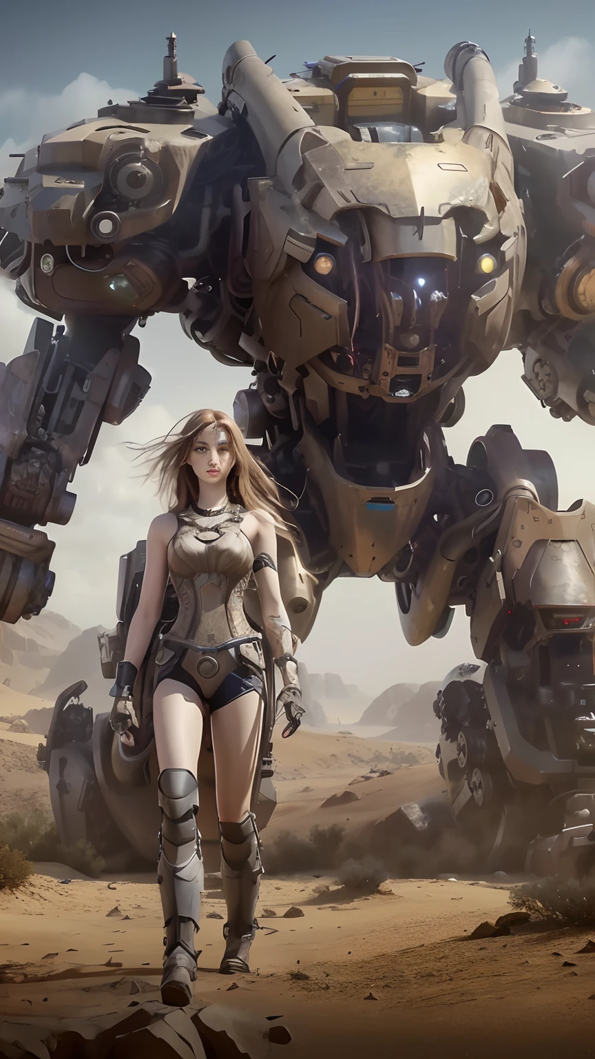 A woman stands in front of a giant robot in the desert, wojtek fus, mechanized soldier girl, female mecha, Trends in CG society, girl in mecha cyber armor, Science fiction fantasy art, Mechanized Valkyrie girl, cgsociety and fenghua zhong, cgsociety concept art, cinematic cgsociety, cgsociety contest winner, stunning cgsociety
