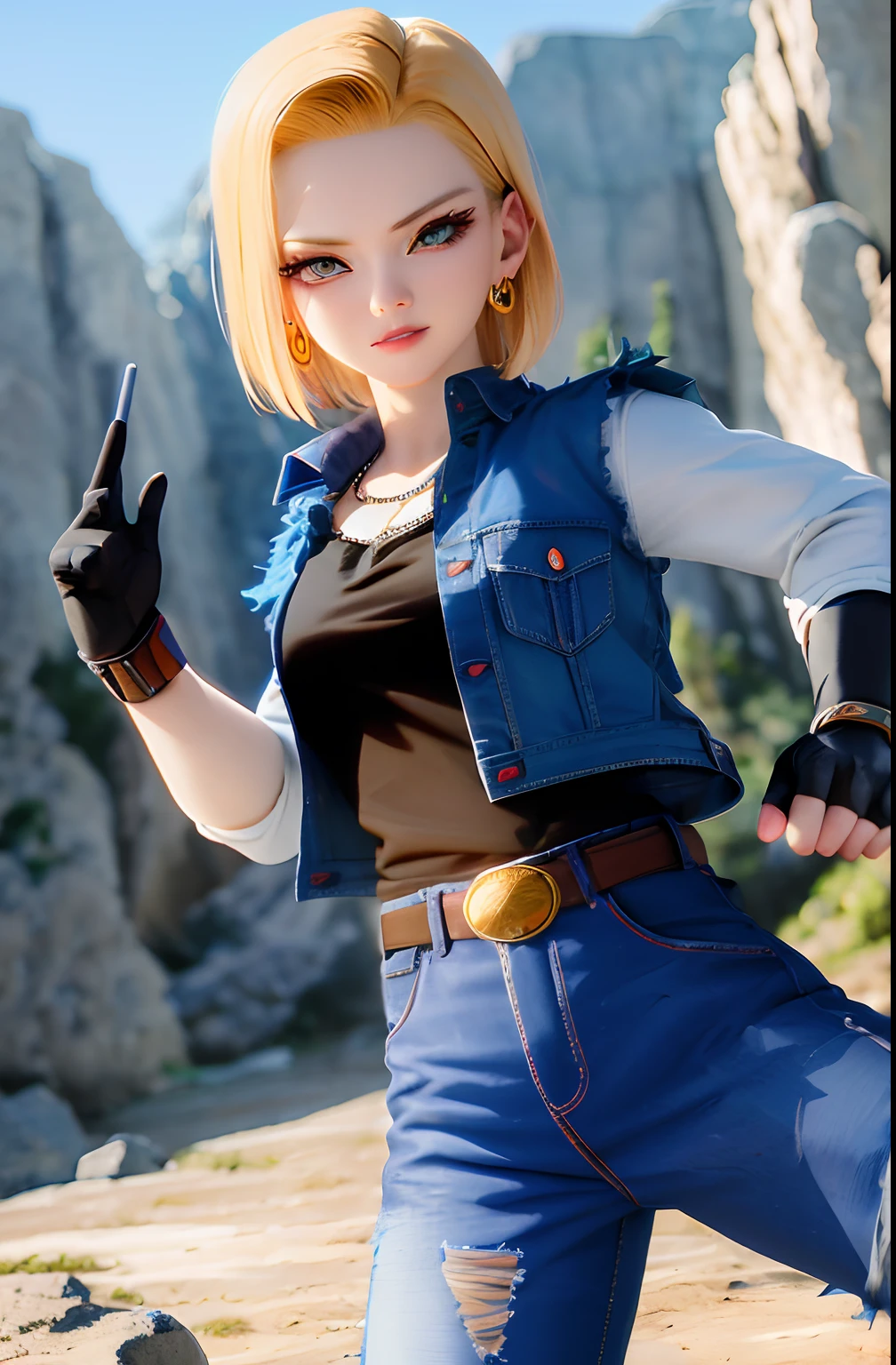 Anime - imagem de estilo de uma mulher em um colete azul e jeans posando para uma foto, Android 18, fanart requintada altamente detalhada, ****** saiyajin, arte de anime realista, Estilo anime 3D realista, arte oficial altamente detalhada, protagonista feminina 👀 :8, Aninha Leonhart, realistic anime art style, estilo realismo anime, fanart de alta qualidade, personagem estilo anime