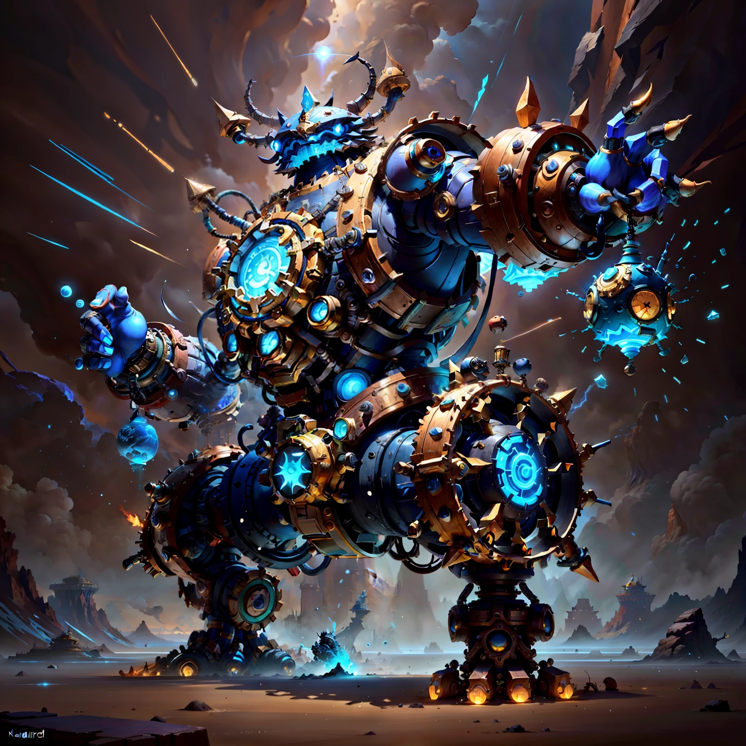 There is a very large robot，There is a clock on it, mechanized art concept, kaladesh concept art. Mechanical, cute elaborate epic robot, beautiful biomechanical djinn, Rolands Zilvinskis 3D rendering art, 8k hd wallpaperjpeg artifact, 8k hd wallpaperjpeg artifact, Beautiful robot character design, Blizzard Hearthstone concept art