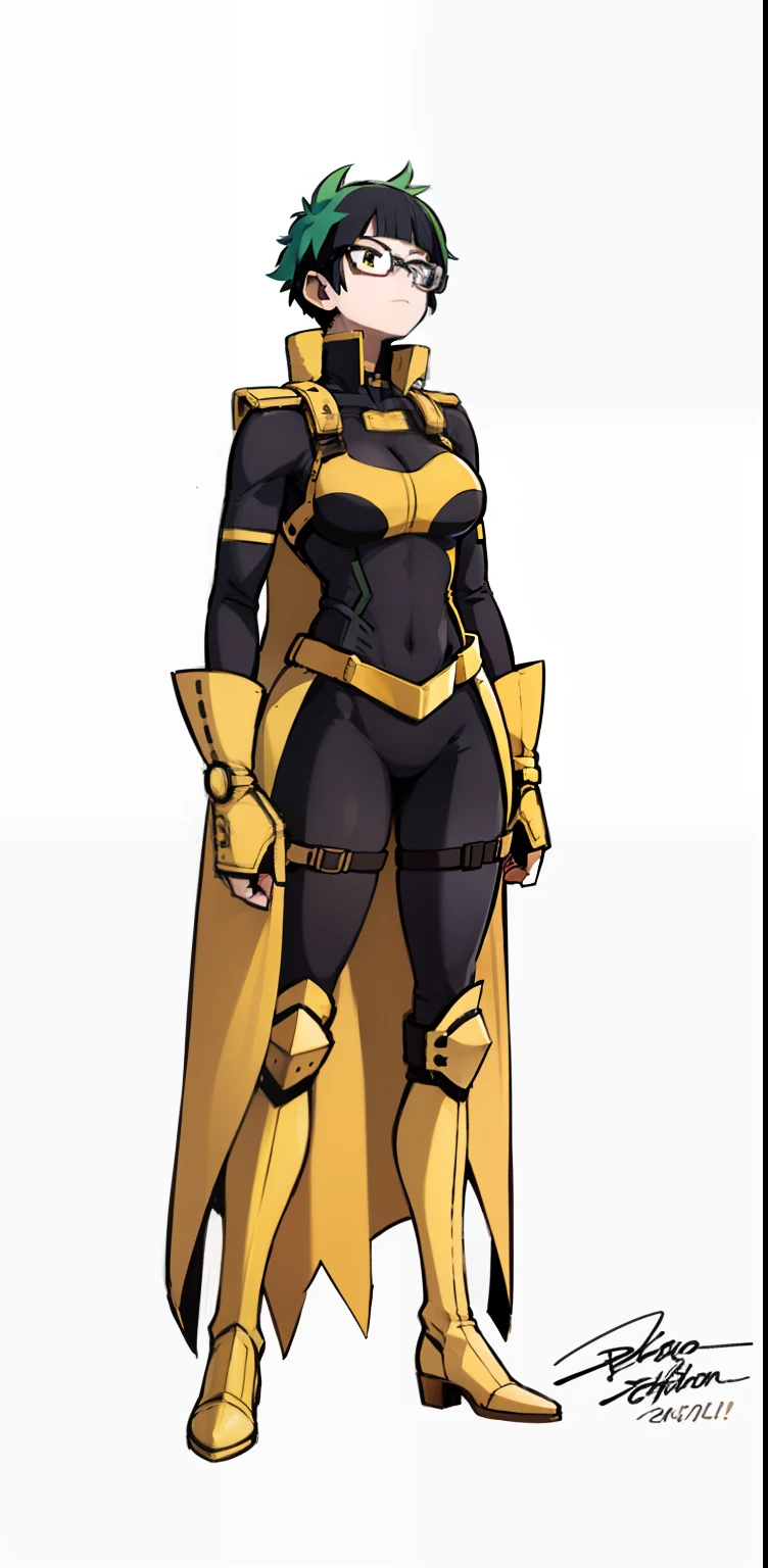 My Hero Academia style, anime Girl, female, wide thighs, wide hips, Large Breast, Blue short hair with green bangs, short hair, jagged bangs, asymmetrical bangs, long side bangs, yellow trench coat, trench coat, open trench coat, high collar trench coat, trench coat, glasses, red frame glasses, round red frame glasses, green eyes, Joyful Gaze, black pants, black belt, black shirt, trending on artstation pixiv, (full body shot:0.5), Masterpiece, fullbody suit, Hero costume, Perfect Anatomy, Super Detailed,