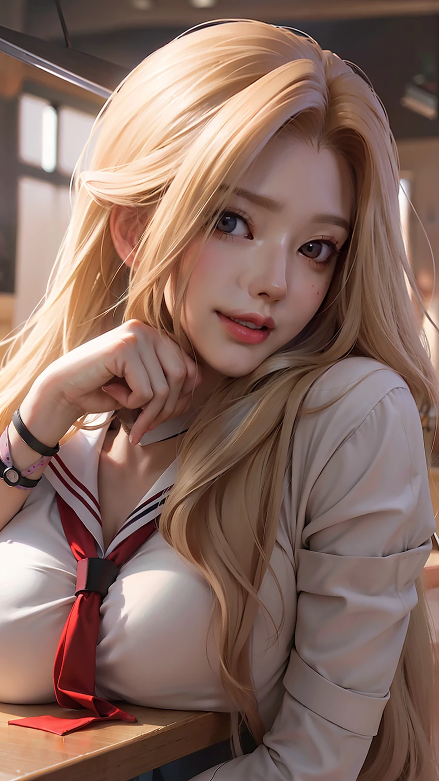 Blonde girl posing for photo with long hair and red tie, Smooth anime CG art, Detailed digital anime art, portrait anime girl, Digital anime illustration, Surrealism female students, Digital anime art, realistic anime artstyle, detailed portrait of an anime girl, Guviz-style artwork, a beautiful anime portrait, Realistic anime 3 D style