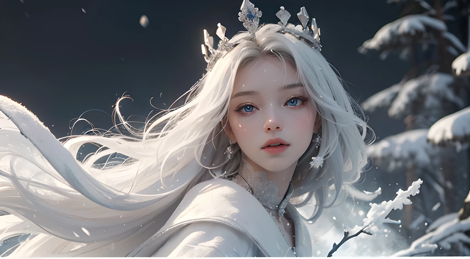 wlop, aeolian, jewelry, woman, queen, white robe, white eyelashes, dyed snow face, cold, frost, color, side light, pointed crown, super detail, depth of field, magic array, white hair, blue eyes, lips, snow, snow magic, white magic, sapphire, ice cap, ice crystal fragments, ice, large area white, incredible, super detail, extremely detail, (high contrast: 1.11), wind, amazing, beautiful detail eyes, messy hair, ( best lighting, extremely delicate and beautiful), ((cinema light)), (from the side: 1.3), 8K, masterpiece, best quality, movie stills, 1girl, floating in the sky, cloud girl, clouds, (close-up: 1.1), bright, happy, fun, soft lighting, (Bauhaus, shapes, lines, abstract: 1.1) official art, Unity 8k wallpaper, super detailed, beautiful and beautiful, masterpiece, best quality, (dynamic angle: 1.4), romantic depth of field exotic_ dance, Perfect NwsjMajic, (Masterpiece, Top Quality, Best Quality, Official Art, Beauty and Aesthetics: 1.2), Extreme Detail, Colorful, Supreme Detail, Snowy landscape, Snowflakes, ice-blue castle, lich, dark robes, glowing eyes, snowdrifts, trees, dramatic and eerie atmosphere