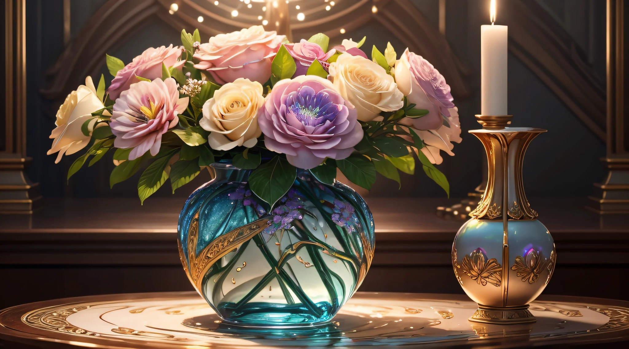 crystal vases, jewel vases, huge bouquets, glittering, many wet flowers, opalescent, glory, breath taking beautiful, graceful, elegant, stunning, photo, shiny, iridescent, (masterpiece), (best quality) (detailed) (8k) (HDR) (cinematic lighting) (sharp focus) (intricate), HDR, hyper-realistic, color graded, realistic picture, ultra high quality, stunning, valuable treasure inside, sparkling, shimmering, splashing rainbows, dripping --auto