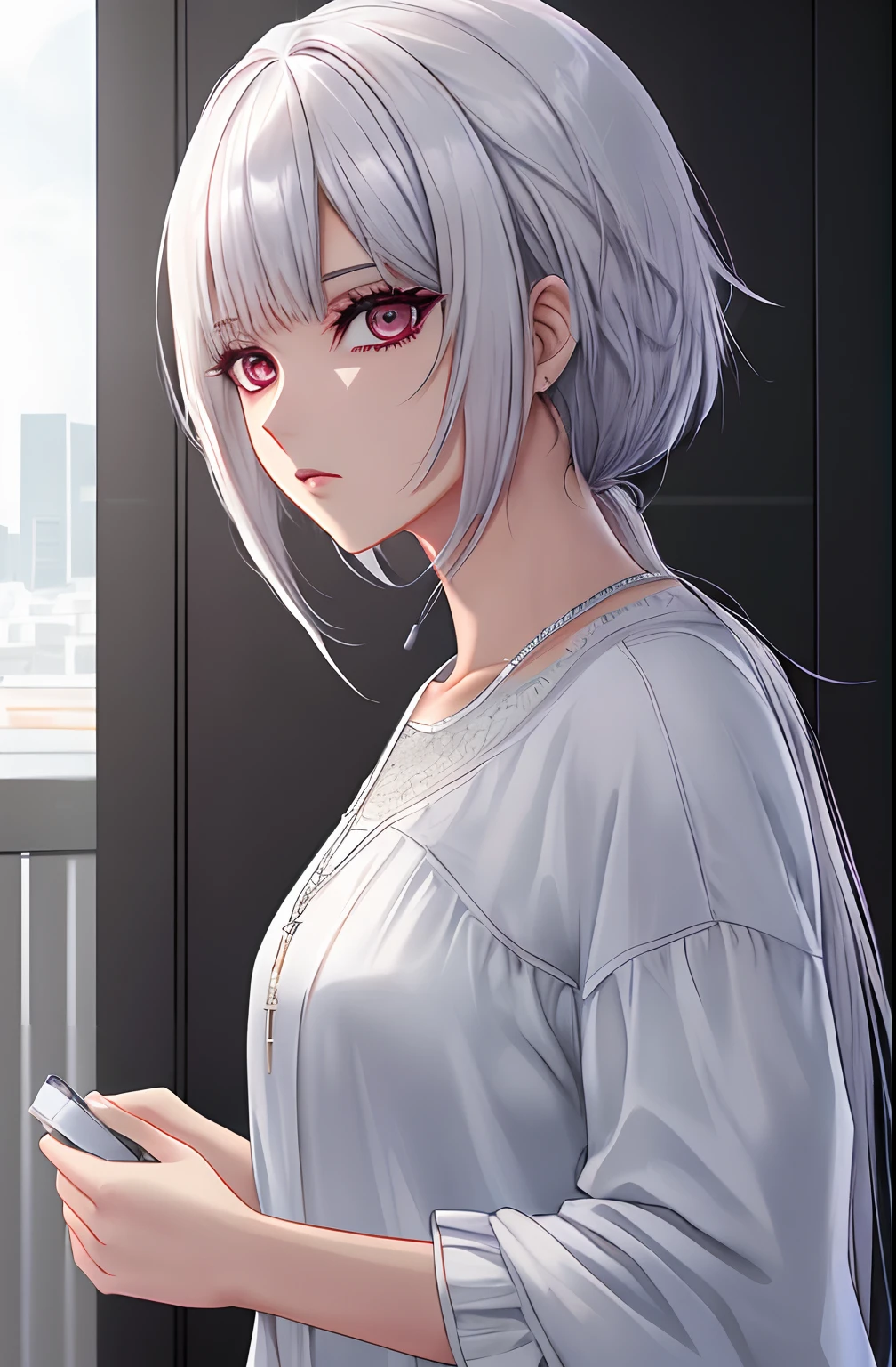 kk, melhor qualidade, mais detalhes, obra-prima, 1 girl, kaneki ken, retrato, foco feminino, olhos vermelhos, solo, franja, olhando para o espectador, capuz rosa, cabelo curto, chuva, tokyo tokyo \(cidade\), capuz, nail polish, cabelo branco, luxuoso, 8k, detalhado, ray tracing, profundidade de campo, cinematic lighthing,
