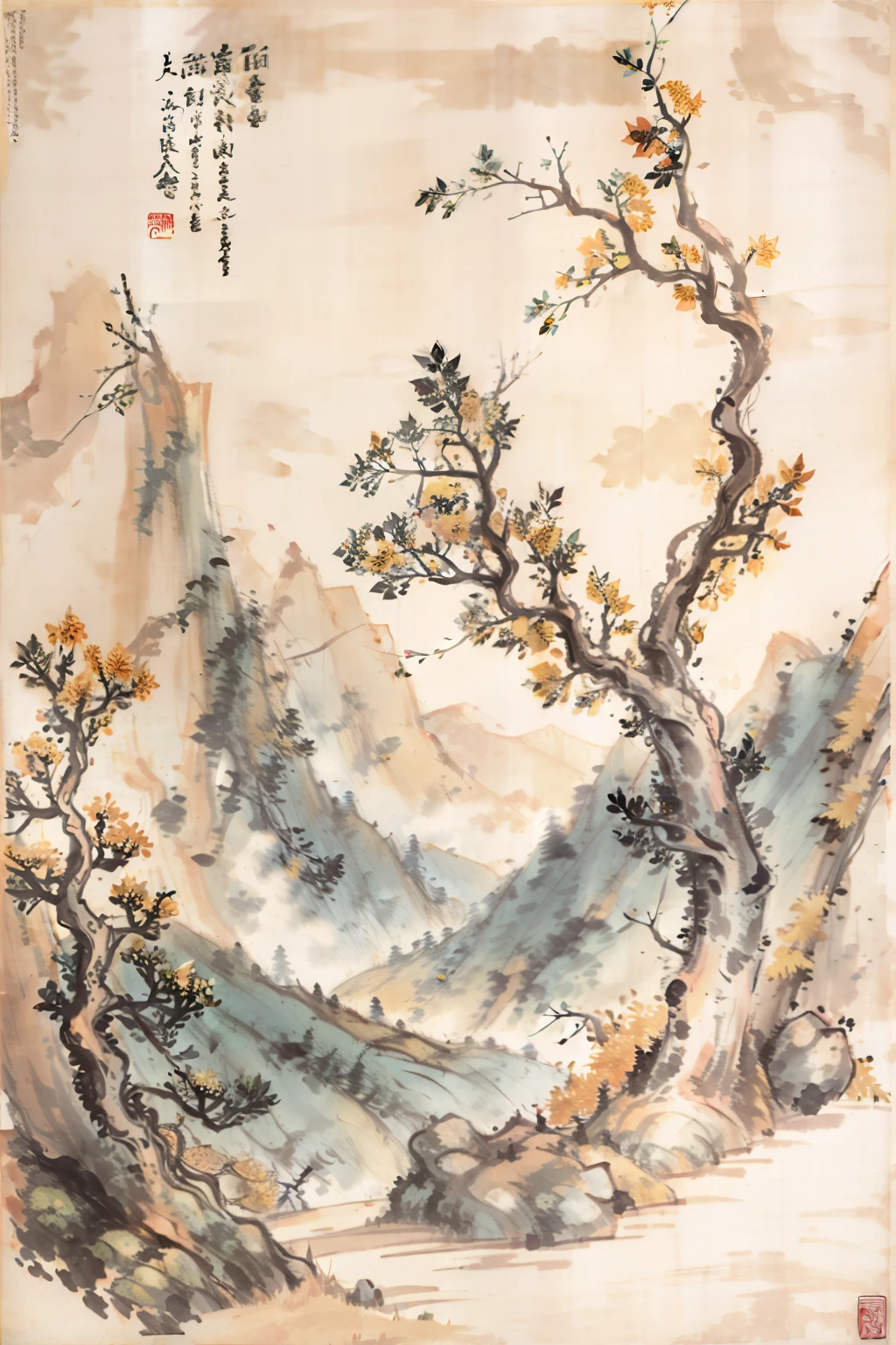 There is a tree on the right side of the picture,The trunk is engraved with traces of time,The leaves gradually turn yellow,Mountains loom in the distance,