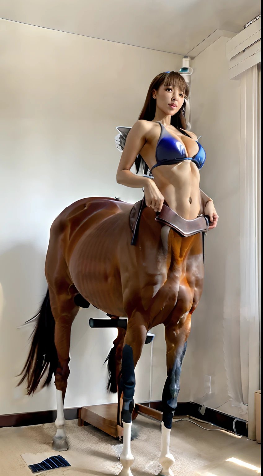 A female centaur，She is famous in the multiverse，She is both a female centaur, half human, half horse, half horse，It is also a female Yingzhao。She blends both images，The first is the head of a horse/neck/Shoulder these parts，After feminization，The upper body transforms into a beautiful female human，Female, half-centaur, half-human, half-horse, half-human，The second is the waist of the horse/hason/gluteal/Legs feminine，Female half-horse with beautiful woman's，Chimer，It's like a female human wearing a half-horse-like costume and making a seamless chimera，This chimerization is based on powerful futuristic technology。The ultra-wide-angle lens captures the image of her beautiful and ethereal wings on the ionosphere launching a super-high-speed charge and leaping。Her front half is distinctly feminine，Tall sexy body，Has K cup teardrop-shaped giant tit chest，It has a small man's waist butterfly spanning long legs，The half-horse part of the hind body，Embedded interface at the hip position。Her horse-shaped part has female physiology and ergonomics on both the half-horse torso and hips and legs。The chest cavity of a woman in the shape of a bent dog style embedded in the lower back position of the beautiful woman's body starting from the upper part of the sternum/lower back/Ventral transverse。Then there are the sexy beauty's upright hips，Her entire body has been completely feminized，Including the half-horse part。Mechanized armor covers the legs with knee-shaped anti-joints and feet，And these parts are highly anthropomorphic，This makes her legs graceful and slender，Her four horse legs exploded in length proportions and was slender and toned，Under the legs are skinny white feet dressed in Skyscraper Heels，Use Midjourney's advanced stroke tools and color palettes, as well as texture packs, model packs, and texture tools，Concentration，Include all parts of her original horse physiology including fur/Waist and abdomen/Hip legs/Leg Capital Feminization，And give these parts a correspon