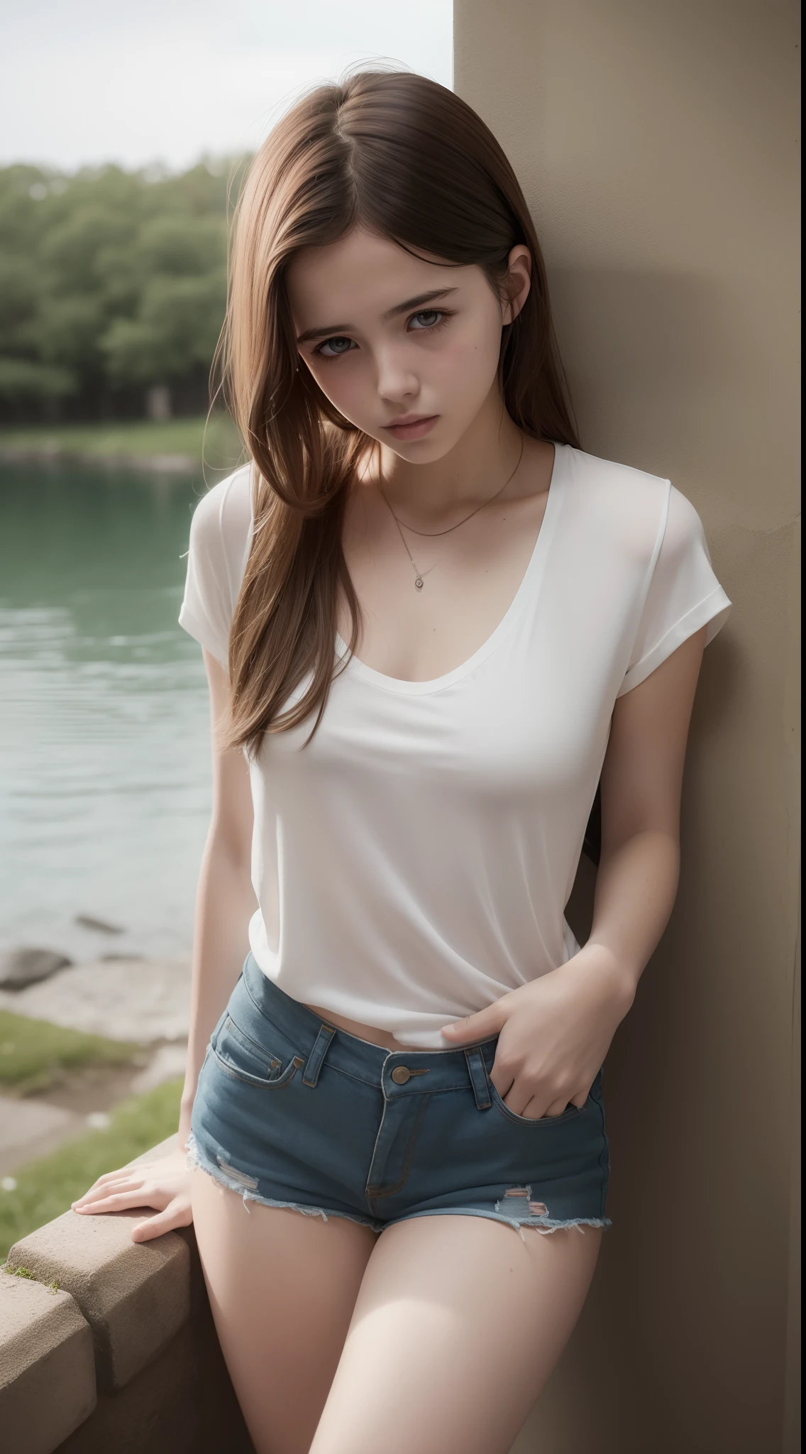 Beautiful young Margaret Qualley, The Last of Us, Game, glasses, white shirt, tight shirt, horizontal striped shirt, wearing nice top, low neckline, wearing simple tight clothes, short shorts, dark tights, hyperrealistic, ************, model's body, small breasts, beautiful breasts, long hair, layered hairstyle, blonde hair, long legs, 8k, in front of the lake, cherry blossom, sunlight, led lighting, blood on the wall, pool of blood, full of human remains, detailed reflection, anime style, smiling