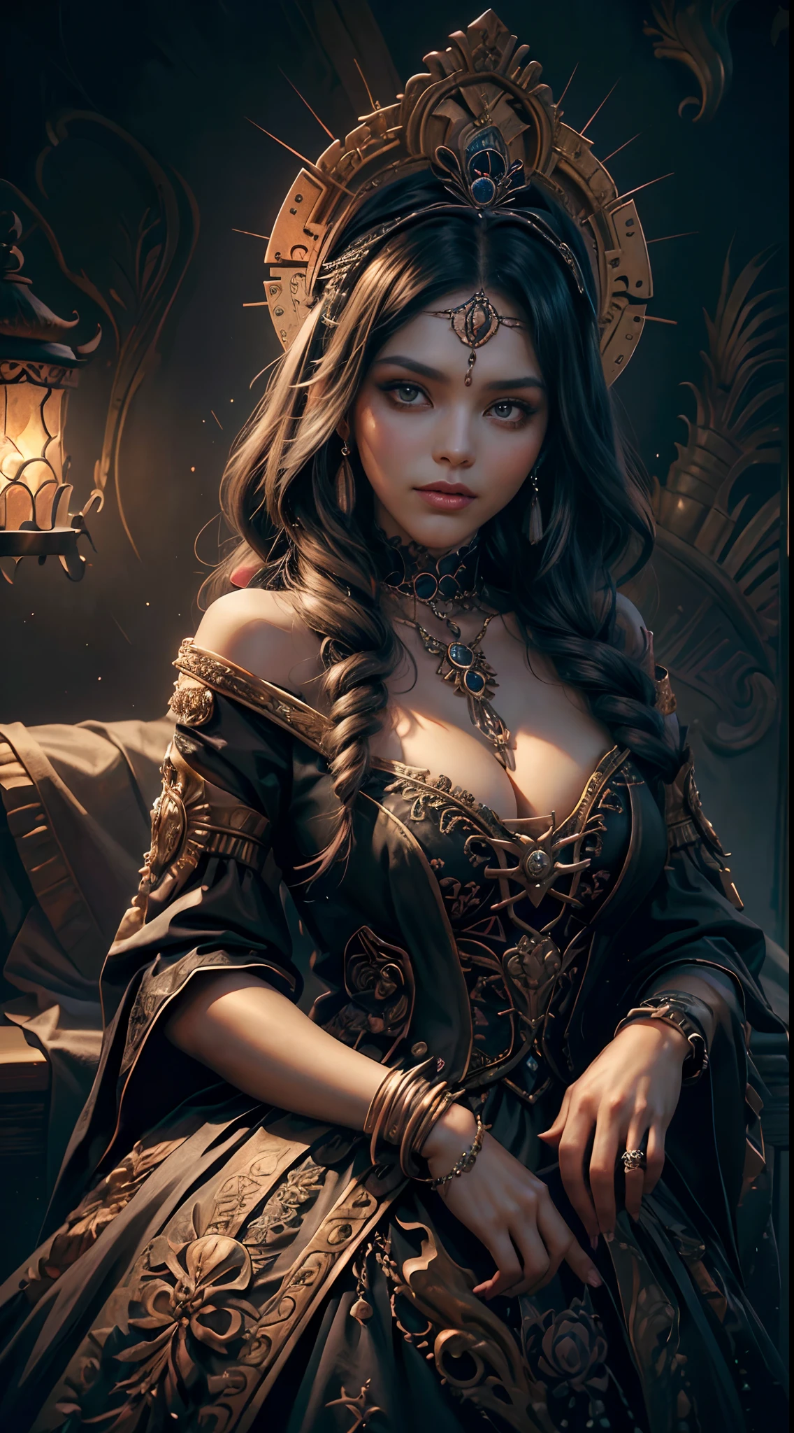 ((corpo inteiro)), (obra-prima, melhor qualidade, realista: 1.37), (intrincado e delicado), (pele e rosto altamente detalhados), (fundo preto), ((colorido)), 1 girl, bela rainha La Catrina em vestido preto adornado em prata, luxuosas vestes escuras com capuz, (com maquiagem dia de los muertos, maquiagem La Catrina), Dark roses and silver skulls adorn its fabric, (a large golden divine halo over his head), (tiara de rosas de metal negro), olhos azuis, (simbolismo religioso), (inspirado em Santa Maria, virgem maria, Rainha das Caveiras, La Catrina, Rainha dos Mortos, Lavi Zupa), (Foto realismo), fundo escuro, environment occlusion, cinematic soft lighting, alto contraste, tema escuro, papel de parede GC 8k, octane render, unreal engine, arte digital.