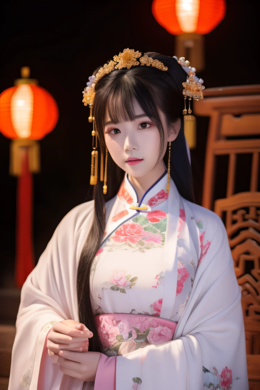 the night，A woman in Chinese clothing carries a lantern