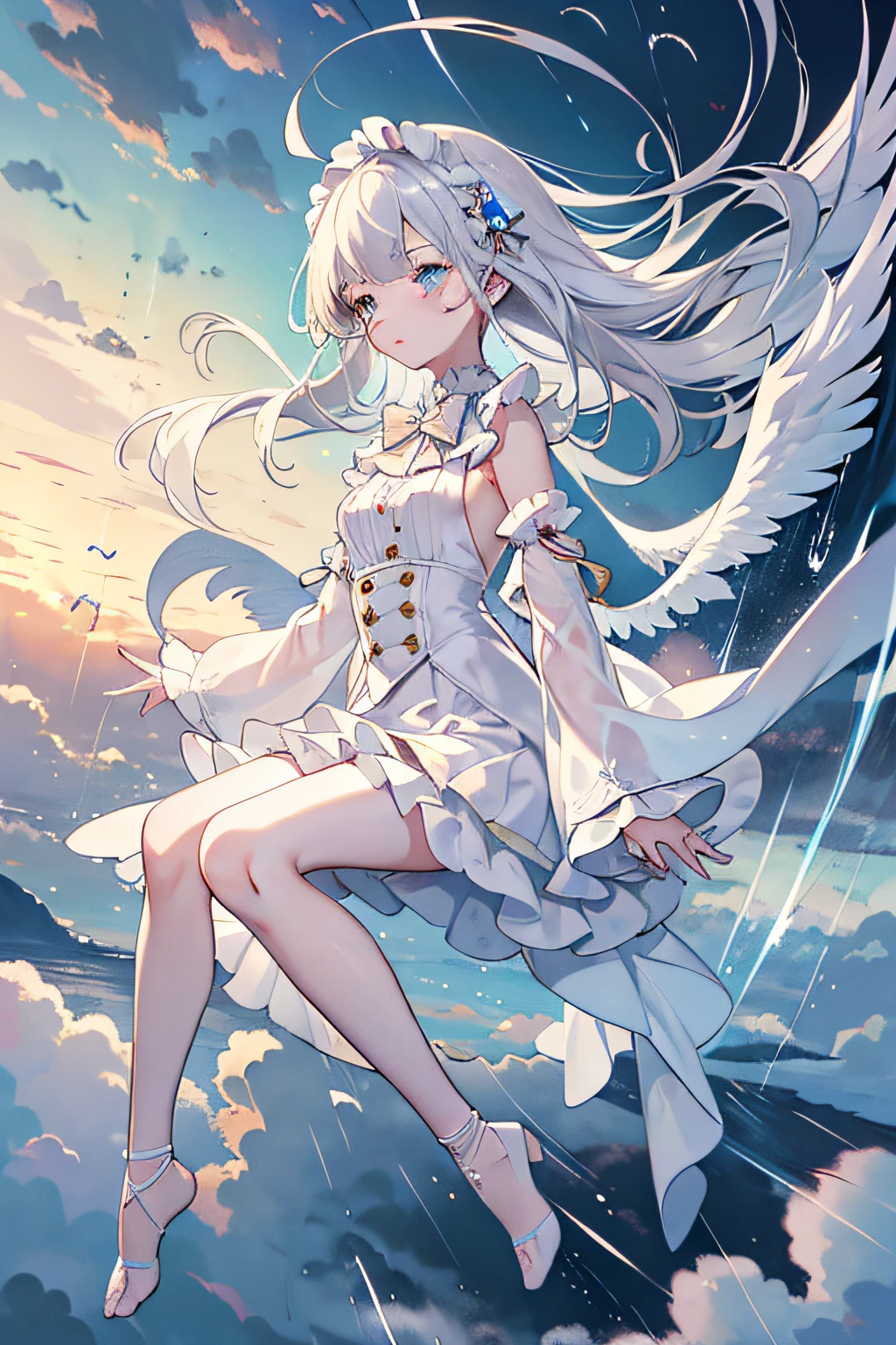 ((masterpiece)),(((best quality))),((ultra-detailed)),((((full body)))),(unhelpless),tear,crying,((((( falling from the sky))))),(( Weathering With You)),(((full body))),(illustration), (1 boy),((falling)),tear,((face towards the sky)),(hair flows upwards),((illustration)),((disheveled hair)),anime screeshot,((frills)),(1 boy),big top sleeves, floating,beautiful detailed isky,beautiful detailed eyes,overexposure,,expressionless,side blunt bangs,hairs between eyes, ribbons,bowties,buttons,bare shoulders,(((small breast))), detailed clothes,blank stare