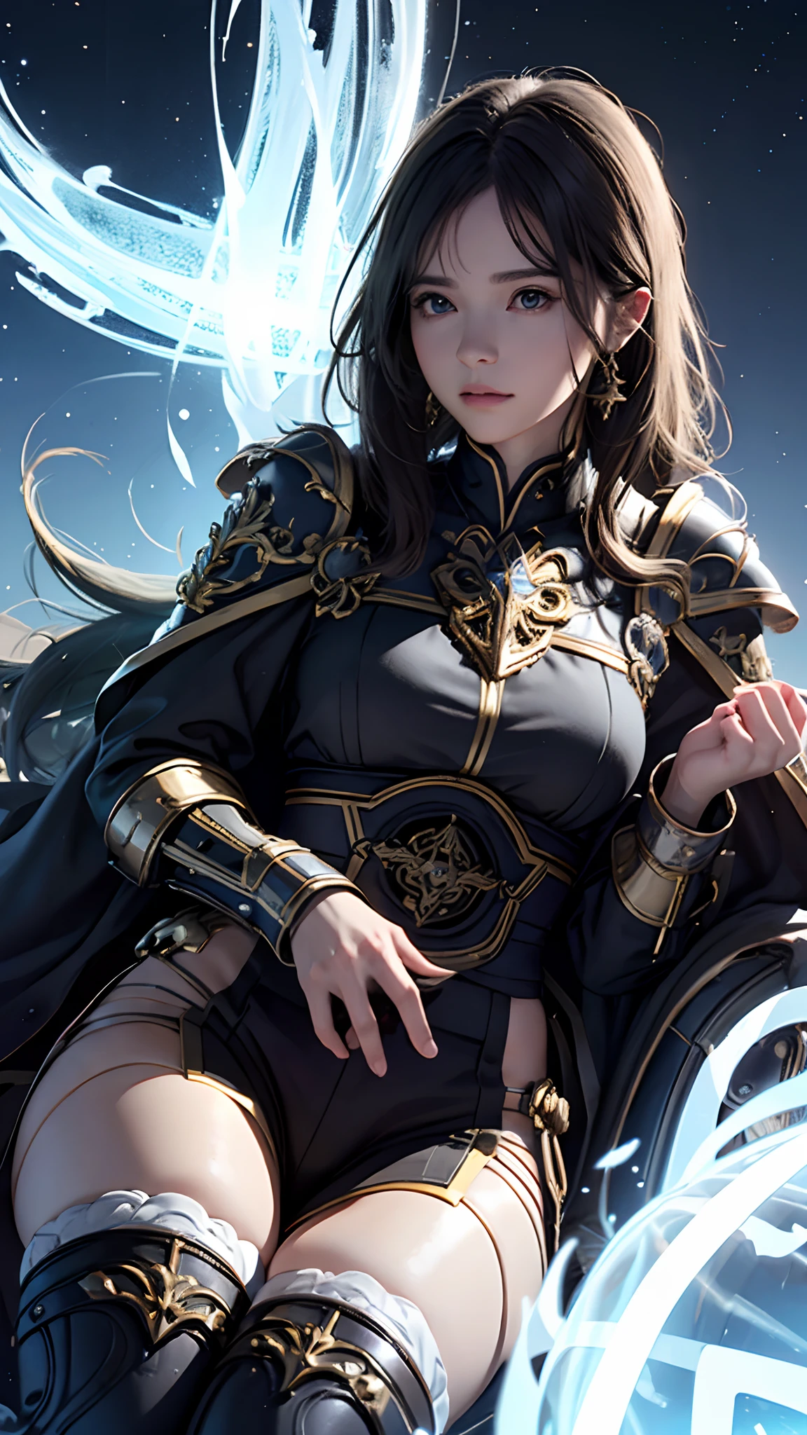 Arte Oficial, Unity 8k Wallpaper, Ultra Detalhe, Obra-Prima, Melhor Qualidade, Uma Mulher, (Muito Detalhe), dinamic angle, mystical expression, Fogo Efeito Brilhante, Fundo de Fantasia, rim lighting , Luz Lateral, cinematiclight, Ultra Definition, 8k UHD, grain of film, Melhor Sombra, Delicado, RAW, light particules, Textura Detalhada da Pele, Textura Detalhada da Armadura de Ouro, Clivagem, Rosto Detalhado, Detalhe complexo, Ultra-detalhado, Brilhante, Forte, armadura branca, segurando uma arma, segurando um escudo, dron de vara, (((cabelo castanho, seios enormes)), olhos negros muito brilhantes, longo manto vermelho, fantasia, (realista),